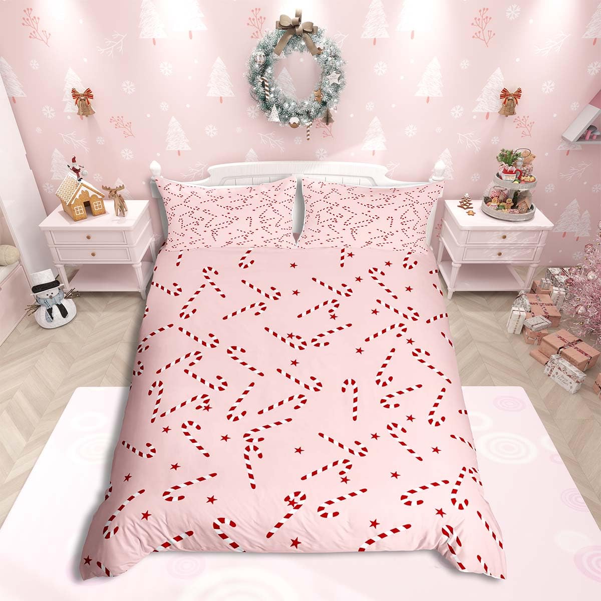 Homemissing Merry Christmas Duvet Cover Set King Size For Kids Adults Girls Teens Xmas Candy Cane Bedding Set Pink Xmas Duvet Cover with 2 Pillowcases Christmas Theme Bed Sets — image 1