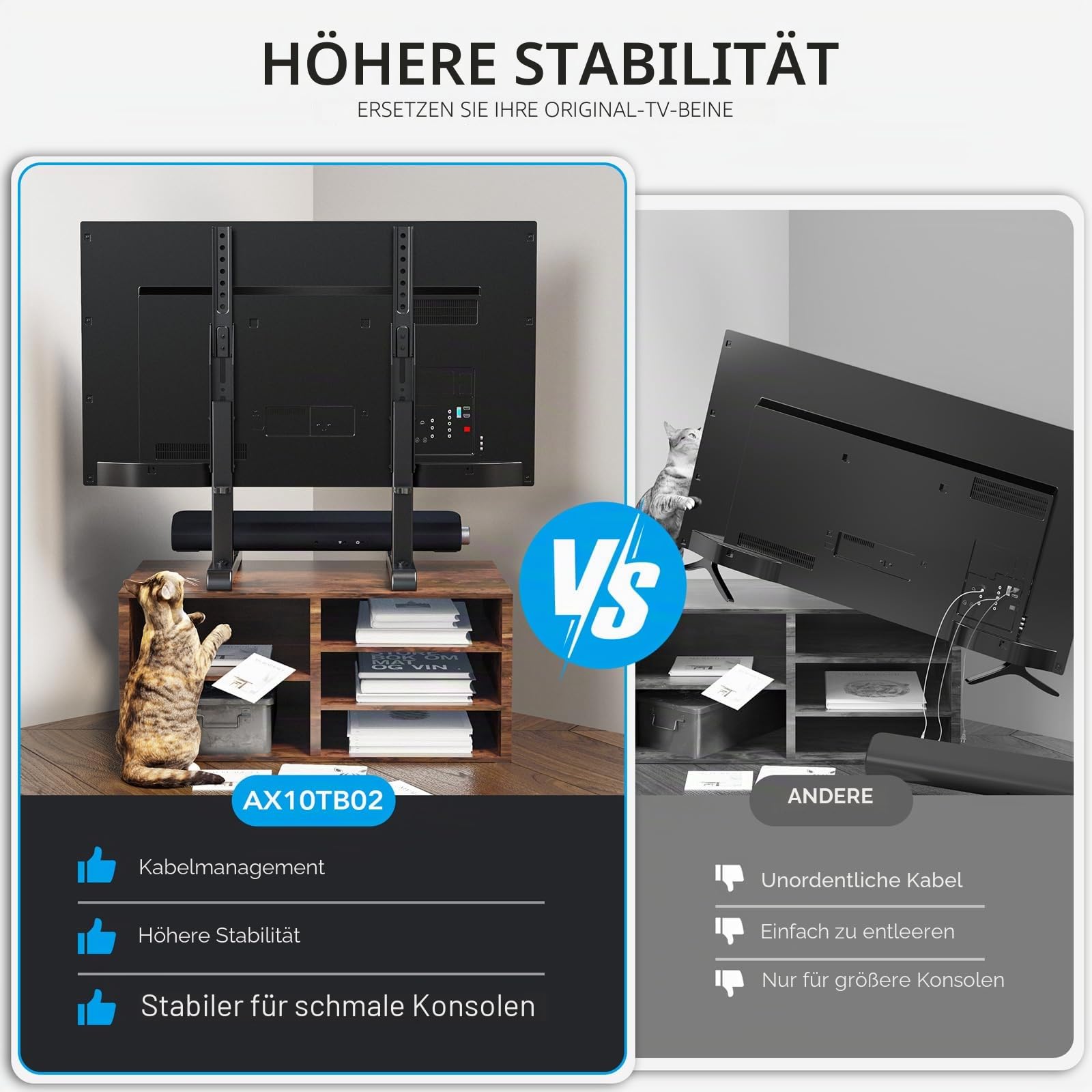 Universal Großer TV Ständer TV Standfuss Fernseher Standfüße Beine Höhenverstellbar für 24 zu 80 Zoll Fernseher Max. 50 KG VESA 800x500 mm HT10B-002