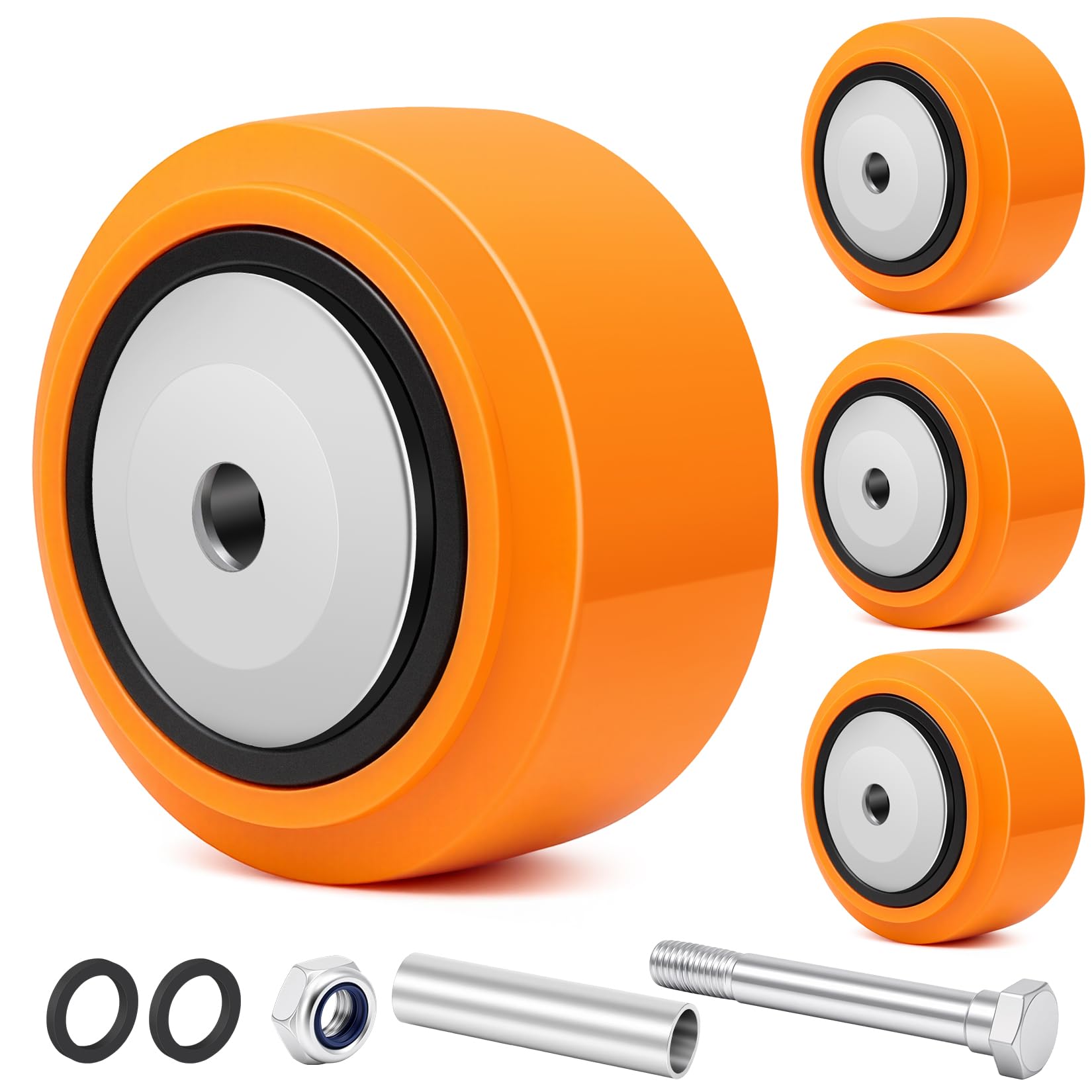 Roues de Rechange 100x50 mm (4" x 2") pour Roulette Charge Lourde, Polyuréthane, Double Roulement, Capacité 1100 kg, Alésage 12,7 mm Pare-poussière inclus pour Établi, Machines, Lot de 4