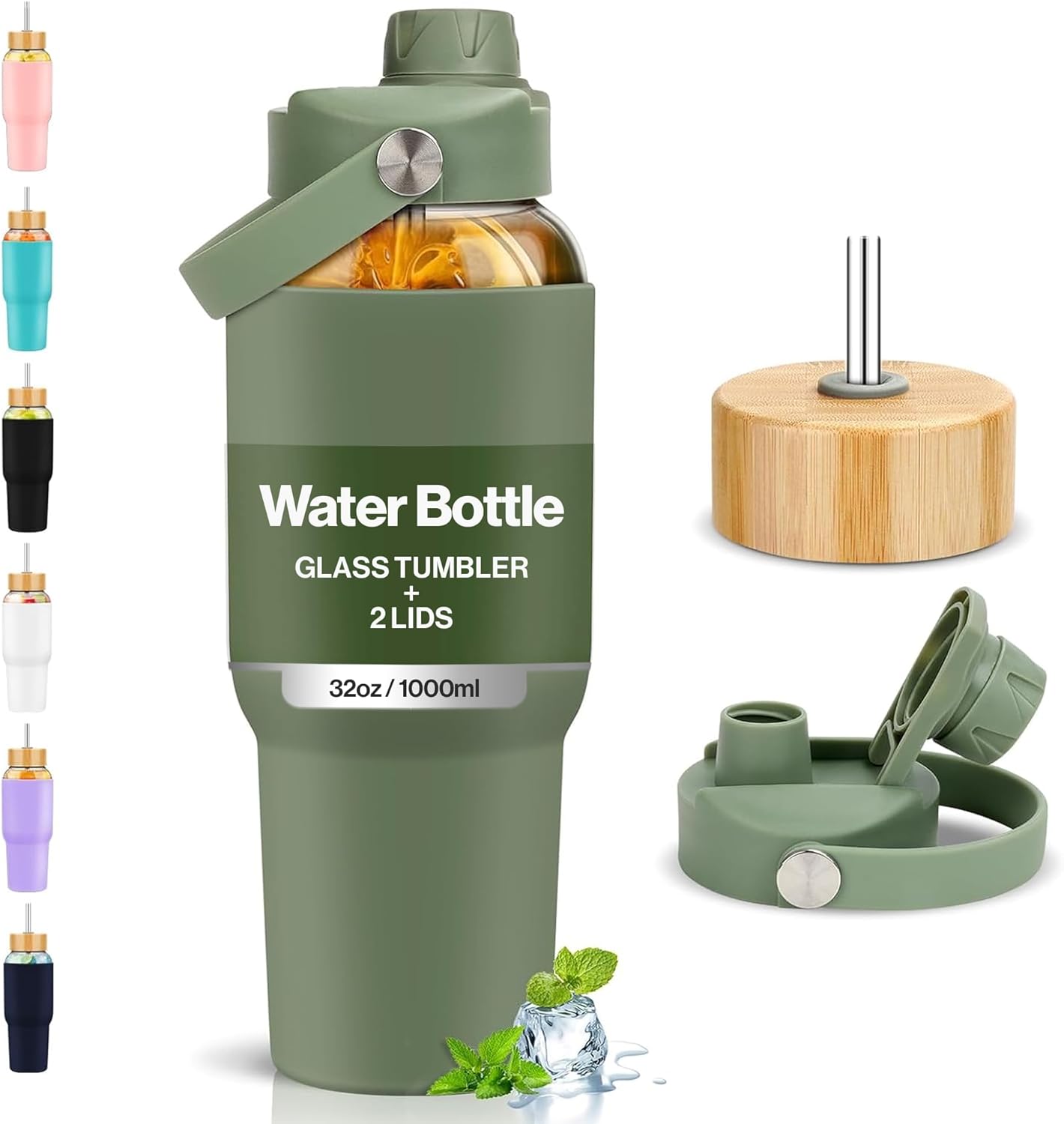 PROBTTL Glass Water Bottles 32 oz, 1 Liter Glass Tumbler, Borosilicate Water Bottle with Straw, Silicone Sleeve, 2 Lids - Handle Spout & Bamboo Straw Lid, Fits Car Cup Holder (Olive)