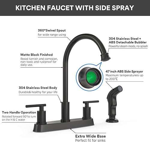 Miniatura 4 de Grifo de cocina negro mate, grifo de fregadero de cocina de 2 manijas con rociador lateral, grifo de cocina de 3 o 4 agujeros para fregaderos de
