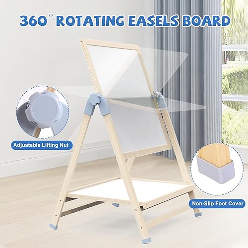 Miniatura 2 de Adena Montessori Caballete de arte para niños, caballete de madera ajustable 2 en 1 y mesa de juguetes, muebles de aprendizaje Montessori para niños