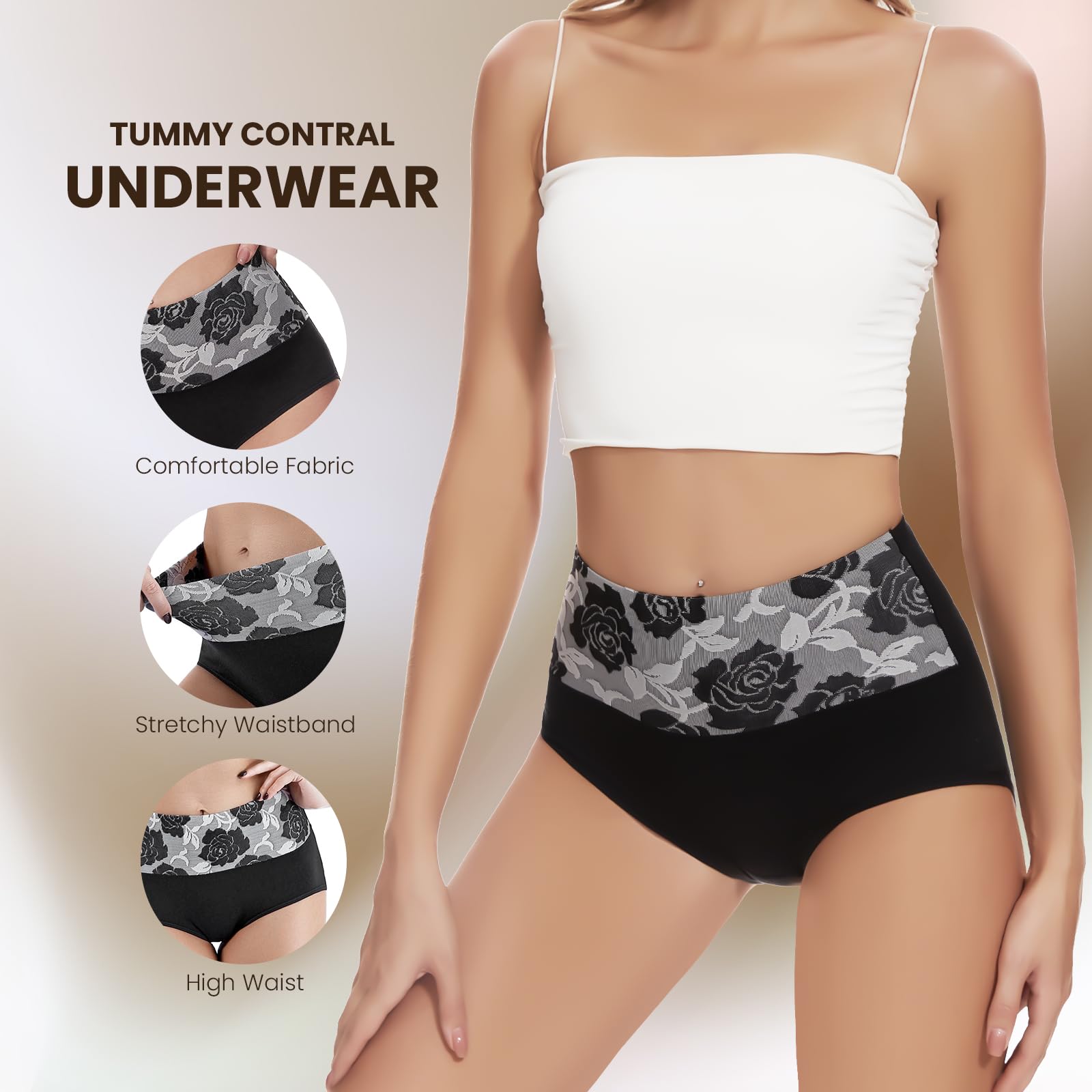 Honzadar Pack de sous-vêtements respirants en coton pour femme, effet gainant au niveau du ventre, taille haute, couverture intégrale