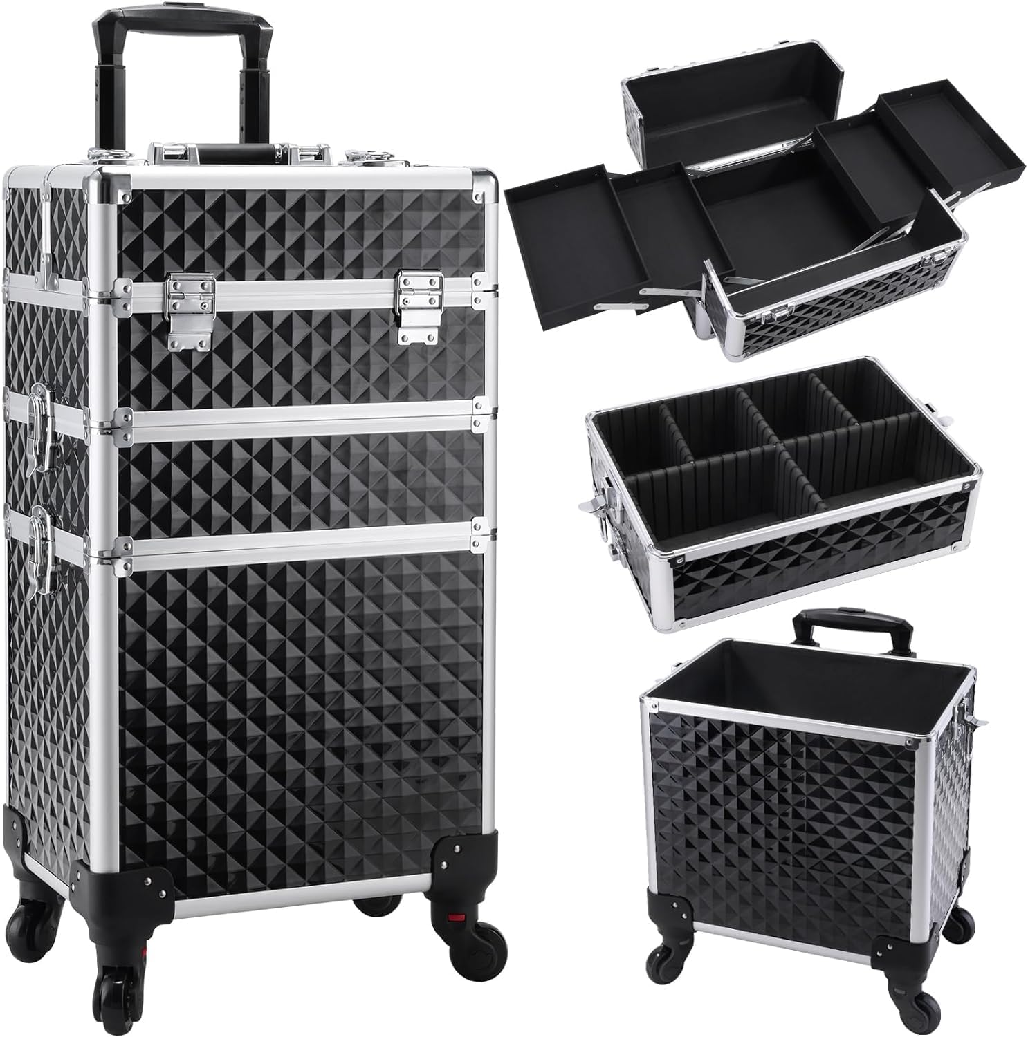 Yueieoun Rolling Makeup Case with Wheels Professional 3 in 1 Cosmetic Train Case and Cosmetology Cart Trunk for Makeup Artists Hairstylists Nail Techs and Salons Large Storage Capacity, Black