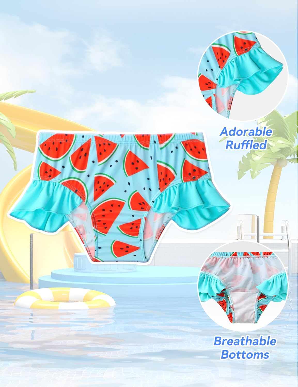 Bathing Suits for Girls Size 8-9 Years Old Green Watermelon 3-Piece UPF50+ Rash Guard Swimsuit Sets - Image 5