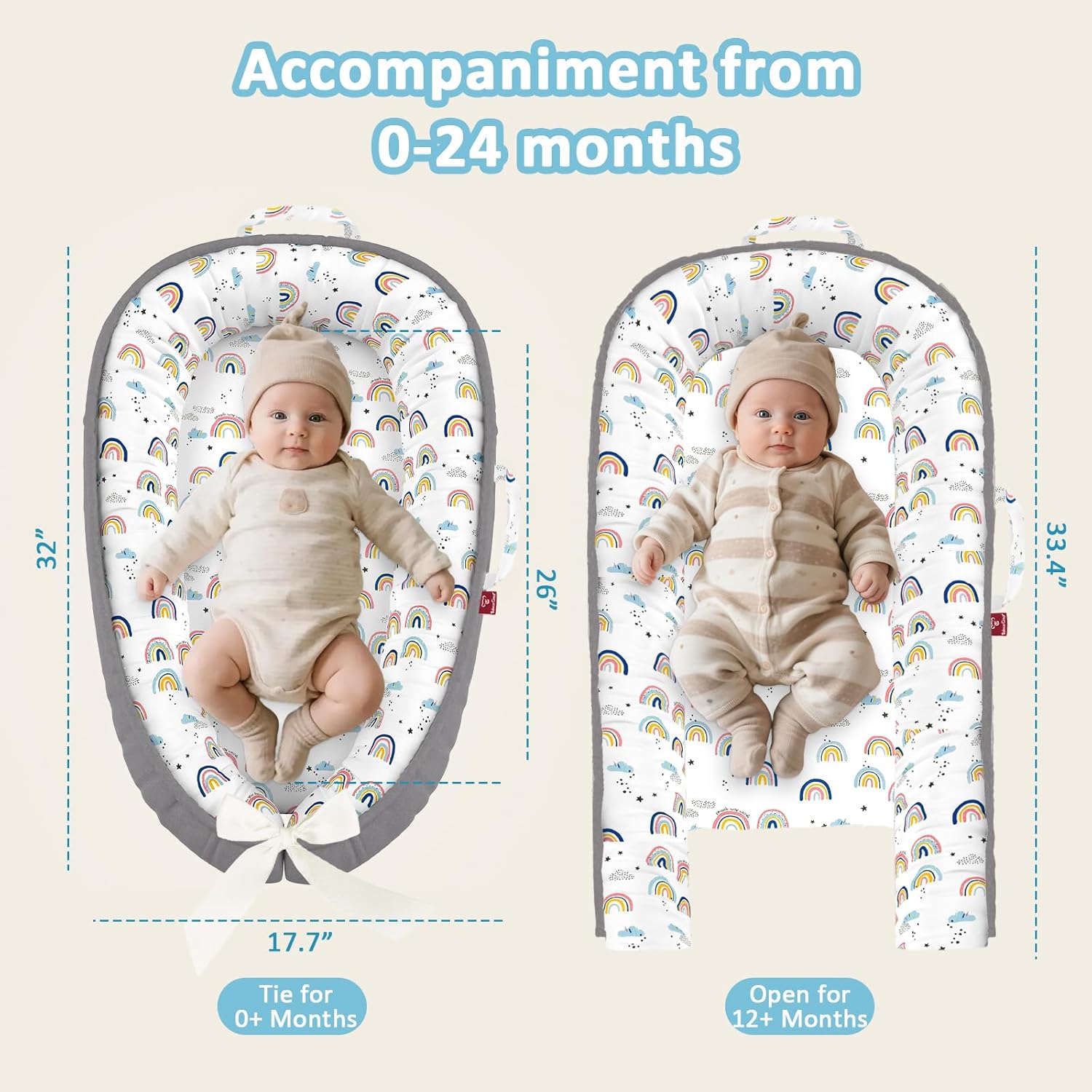 Baby Lounger - 100% Cotton Baby Lounger for Newborn with Lounger Cover, Portable Baby Nest for Home and Travel, Waterproof Lining, Newborn Babies Essentials Gifts