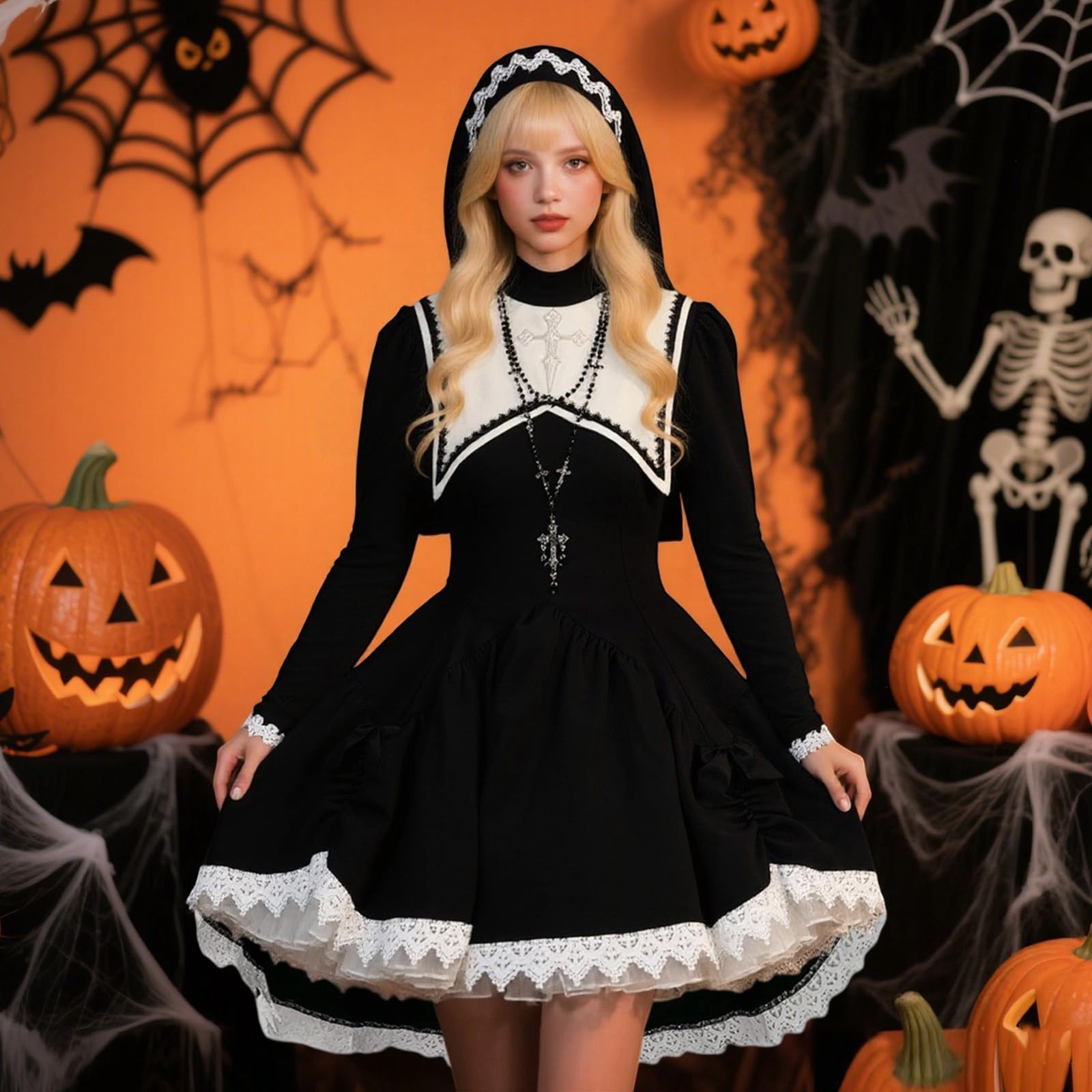 Generisch Elegantes Cosplay-Kleid mit Spitzenbesatz für Halloween-Partys mittelalterliches Gothic-Rollenkleid in Übergröße mit Korsett-Optik viktorianischem Charme (Black, XXXXXL)