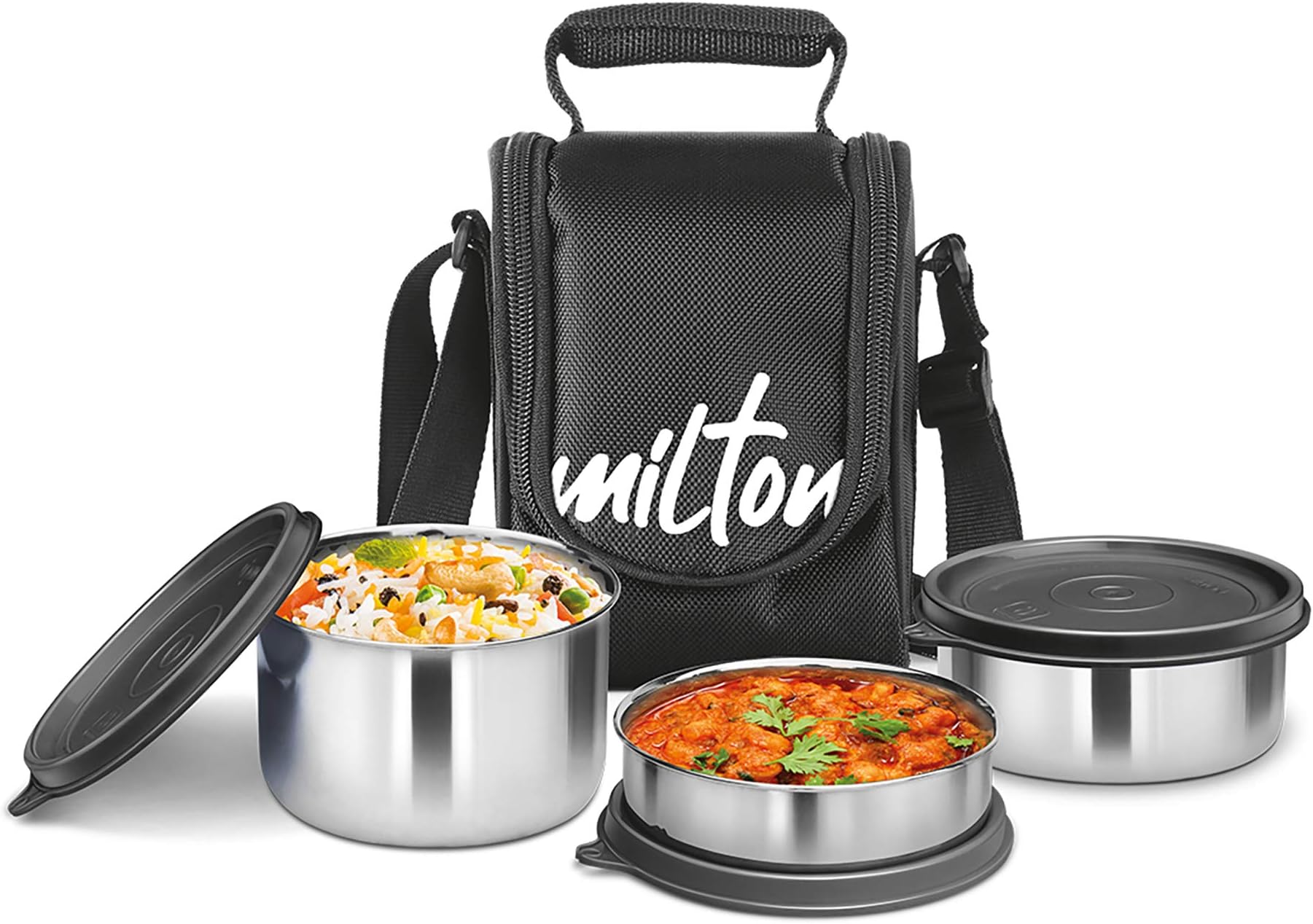 MILTON 4-Piece Lunch Box Set with Insulated Bag - Includes Stainless Steel Containers (500ml, 320ml, 200ml), Keeps Food Hot, Ideal for School Kids & Office Tiffin - Tasty Lunch - Black