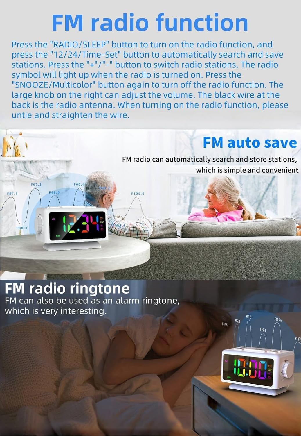 RGB Sveglia colorata Calendario perpetuo Radio FM Orologio elettronico Funzione snooze Allarmi multipli Regolazione automatica della luminosità Uscita di alimentazione USB (Black1)