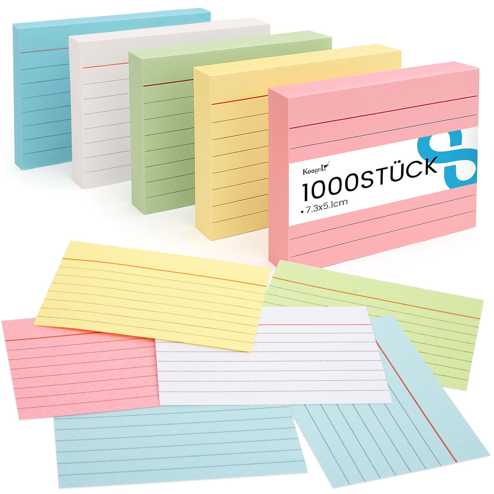 Koogel Karteikarten A8 1000er Set, Lernkarten in 5 Farben für Studium, Vokabeln, Abitur, TestDaF, Medizinstudium, 7.3 x 5.1 cm