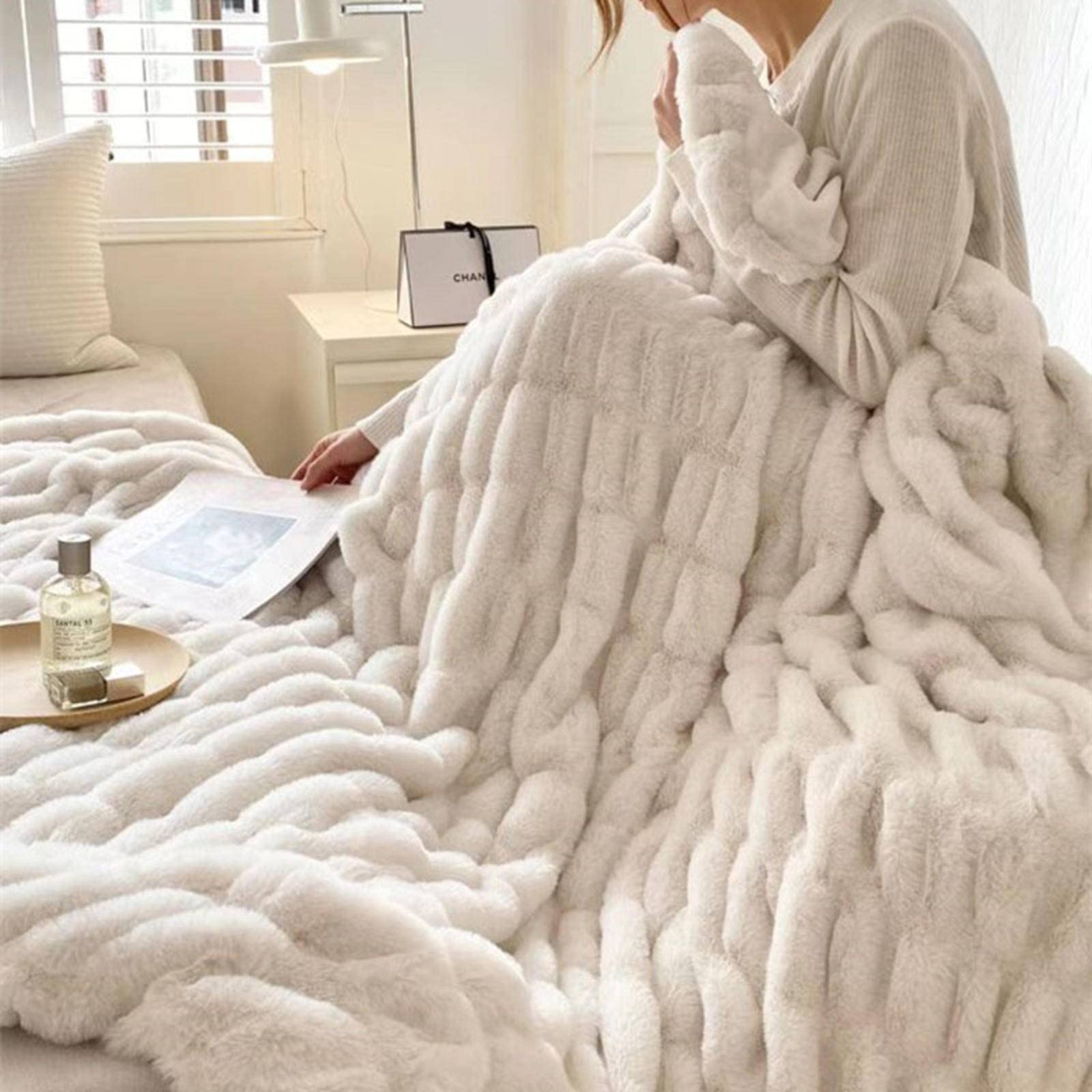 Cozy Bubble Rabbit Coperta Bayeta, morbida e delicata sulla pelle, per l'inverno, elegante copridivano, leggera, lussuosa, perfetta per casa e viaggi