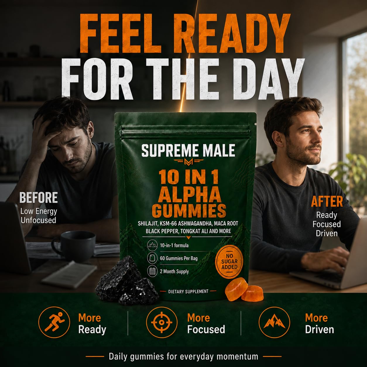 Gummies, Supreme Male 10 in 1 Alpha Gummies, Supports Daily Energy, Stamina, No Added Sugar, 60 Gummies(1pcs)