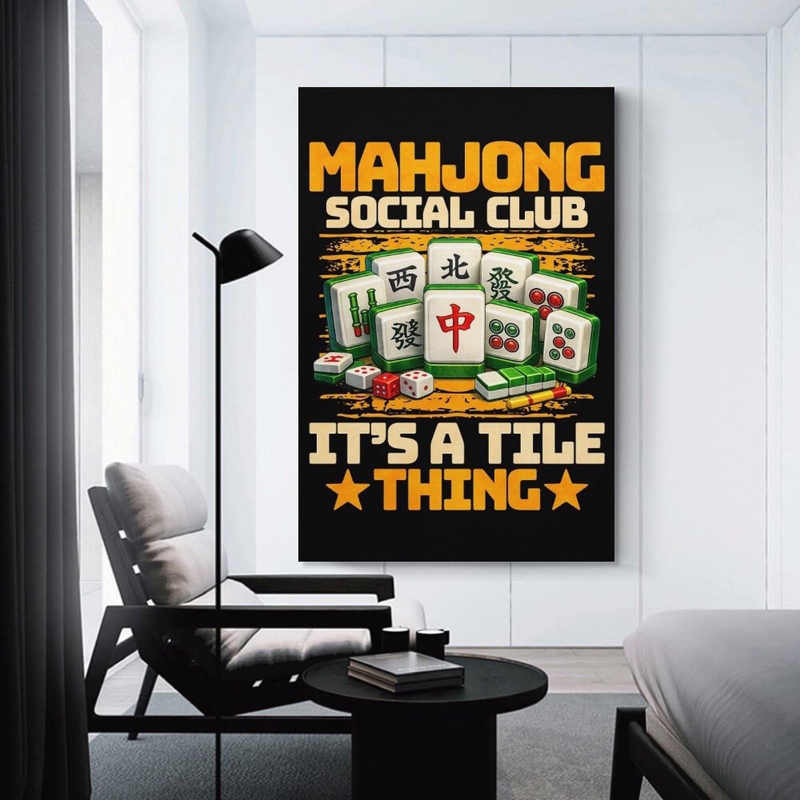 Junmoney Unframe-Style-8 Canvas Art Print Mahjong Social Club Tile Thing, 20X30inch(50X75cm), For Calm Bedrooms, Home Corners Or Flats, A Warm Accent For Relaxed Interiors