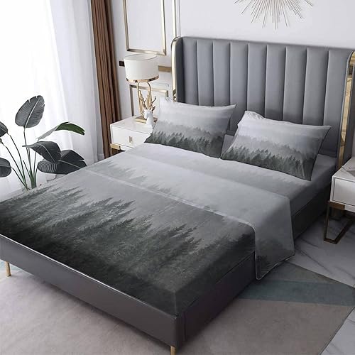 Misty Forest Sábanas tamaño California King, sábanas de árbol natural, sábanas y fundas de almohada estampadas de 4 piezas, sábana bajera ajustable