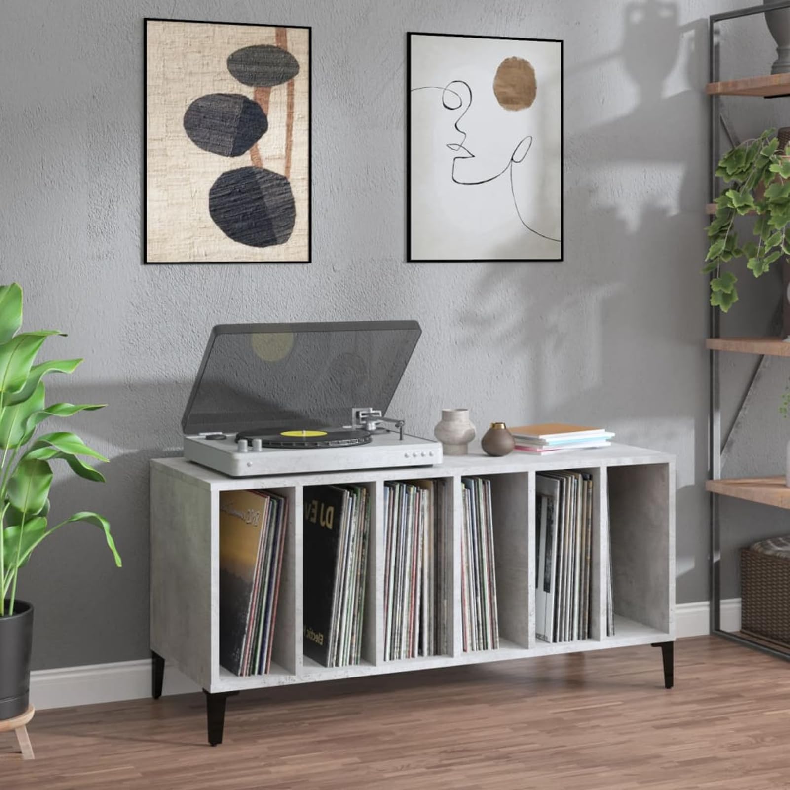 Homgoday Mobile Porta Dischi in Legno Ingegnerizzato e Metallo, Grigio Cemento, 100x38x48 cm, Ideale per Collezioni Vinili, Giradischi e Dispositivi Elettronici, Assemblaggio Richiesto