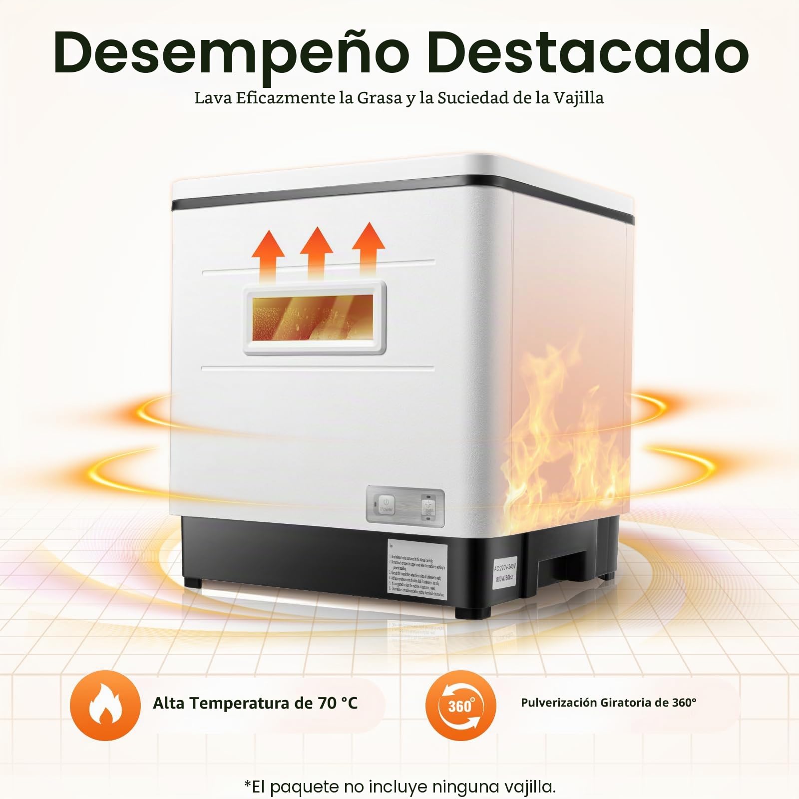 Mini Lavavajillas Acero Inoxidable 800W 220V para Cocina Pequeña, Blanco