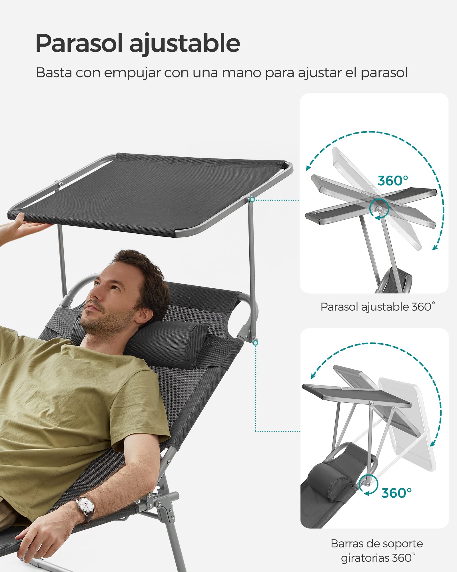 SONGMICS Tumbona Plegable Grande 200 x 71 x 38 cm, Capacidad de Carga 150 kg, con Parasol y Respaldo Ajustable, para jardín, Piscina, terraza, Gris Oscuro GCB22GYV2