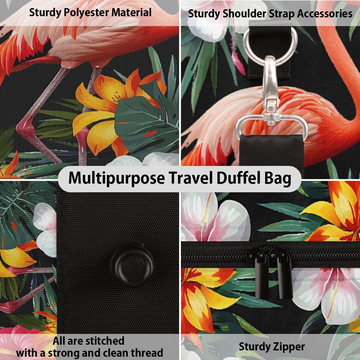 Tropical Flowers Flamingo Travel Duffel Bag for Women Men Large Capacity Overnight Weekender Bags for Lightweight Waterproof Sport Gym Bag for Workout Yoga Swim