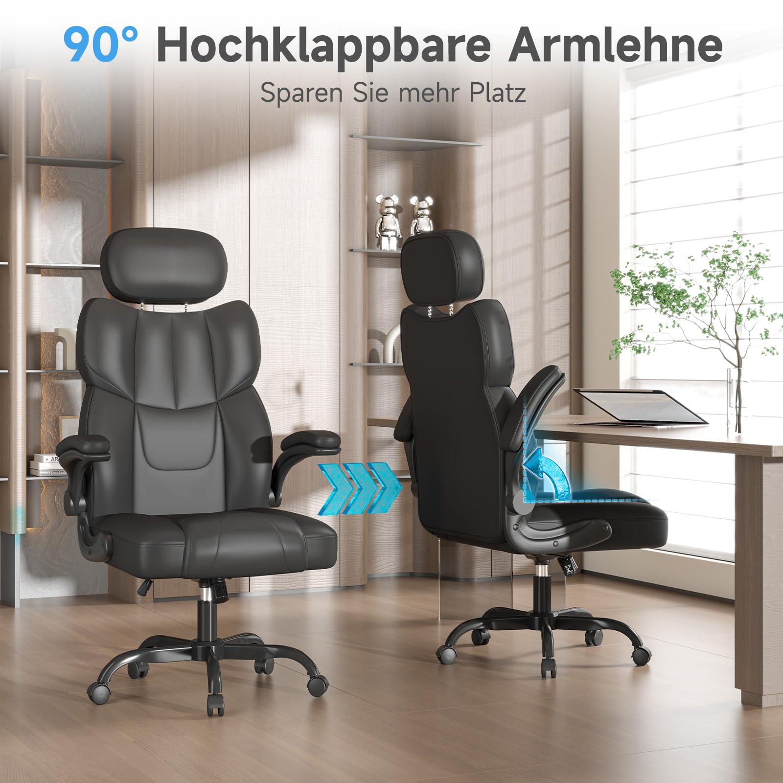 naspaluro Ergonomischer Bürostuhl aus PU-Leder, Chefsessel mit Kopfstütze, Hochklappbaren Armlehnen, Wippfunktion, Höhenverstellbar, Belastbar bis 180 kg, Office Chair für Büro Computer Chefsessel