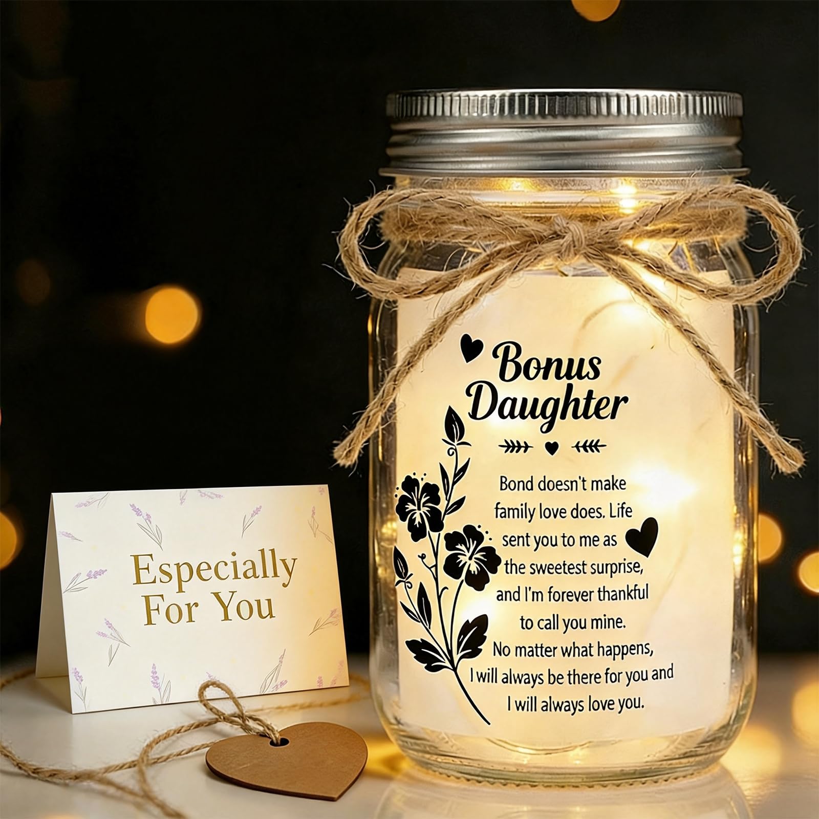 Bonus Daughter Mason Jar Night Light, Bonus Daughter Birthday Gifts from Stepmom, Step Daughter Gifts, Best Step Daughter Gift Idea for Birthday Christmas Comfort Decor