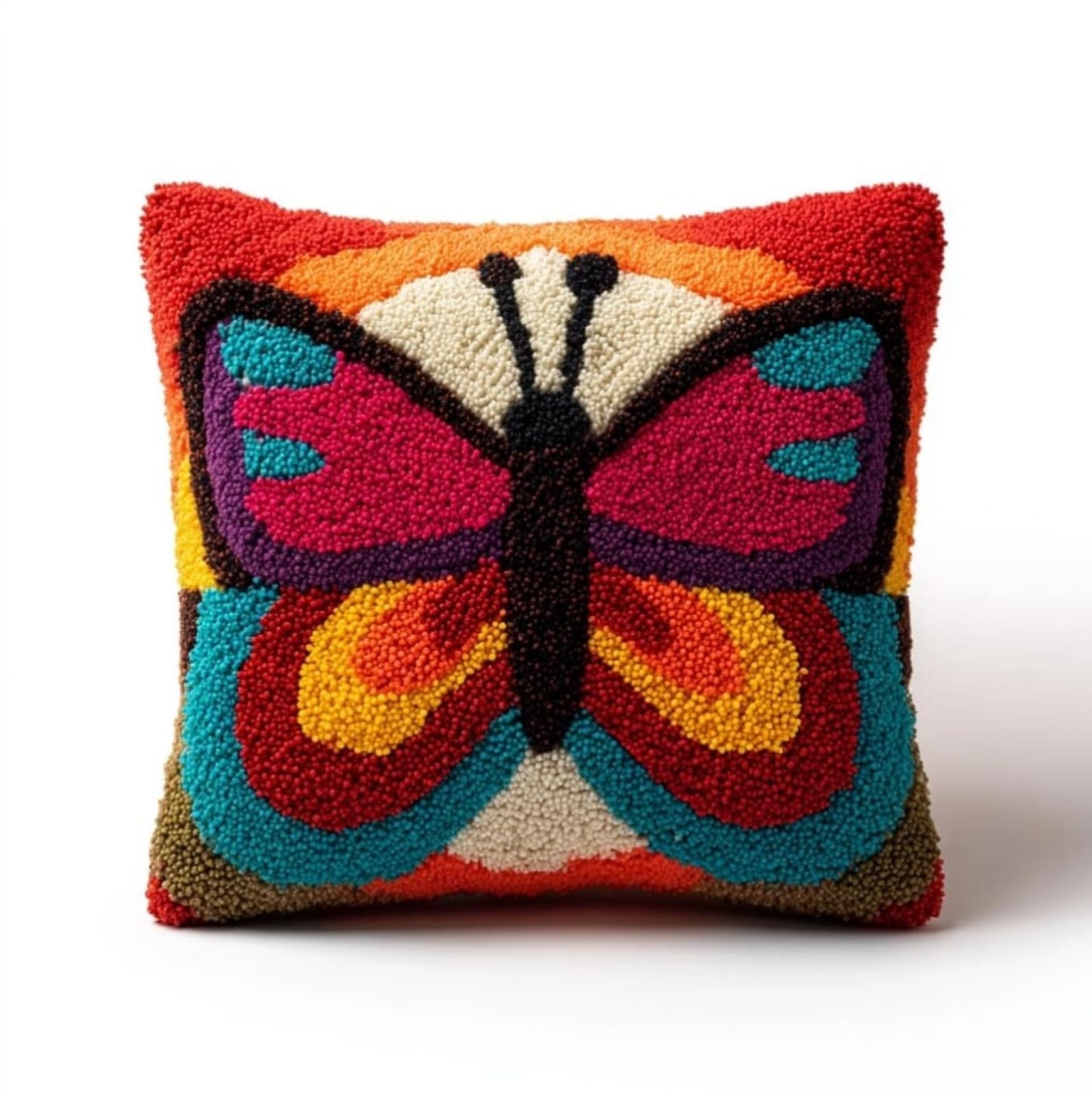 Henypt DIY Latch Hook Cushion Kit 43x43cm,Colorful Butterflies Complete Needlecraft Set with Pre-Cut Yarn & Tools,Creative Home Decor Gift for All Ages