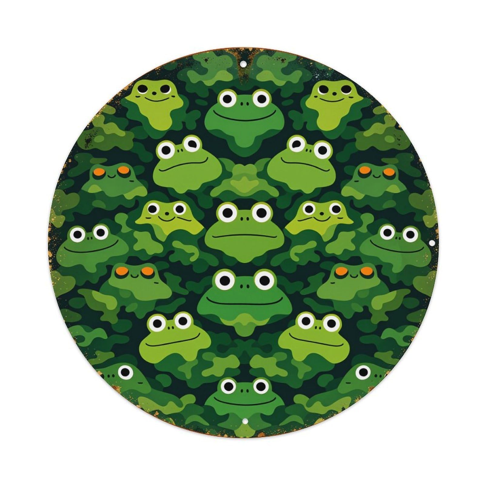 Frog Faces Green Camouflage Pattern Round Tin Sign Vintage Style Metal Sign Home Bar Garden Wall Plaque Decor Metal Poster 8x8 Inch