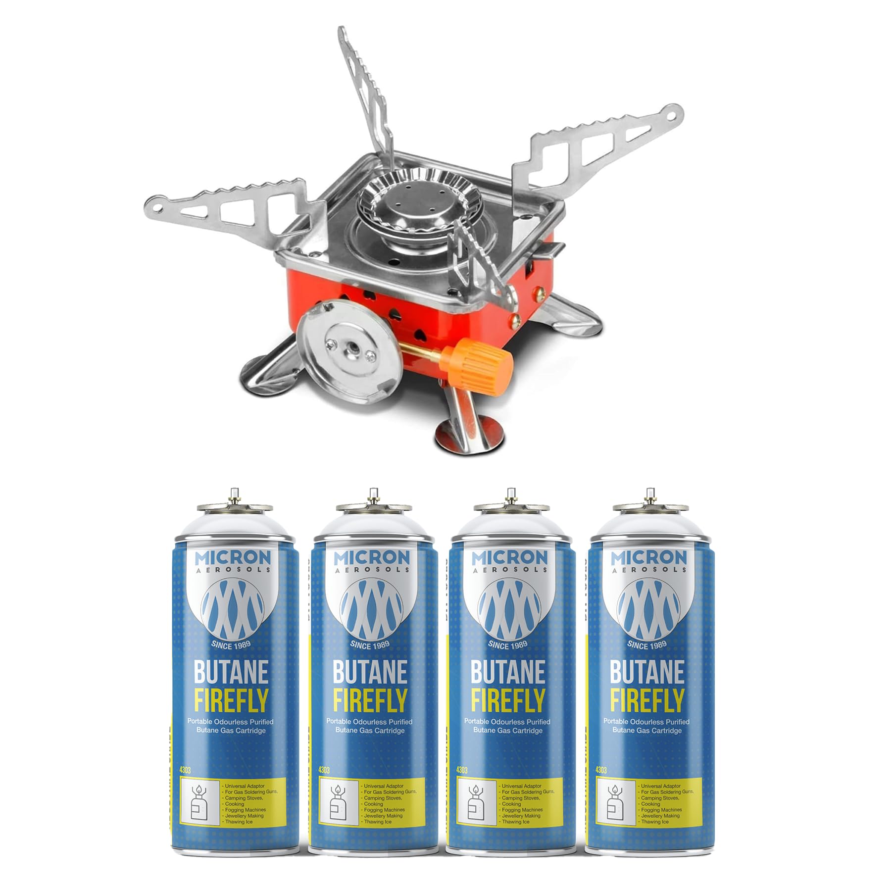 Micron Aerosols® Butane Firefly | Butane Gas Cartridge | 400ml | For Portable Gas Stoves, Flame Guns, Flame Throwers (Mini Portable Gas Stove & 400 ML X 4)-image-16