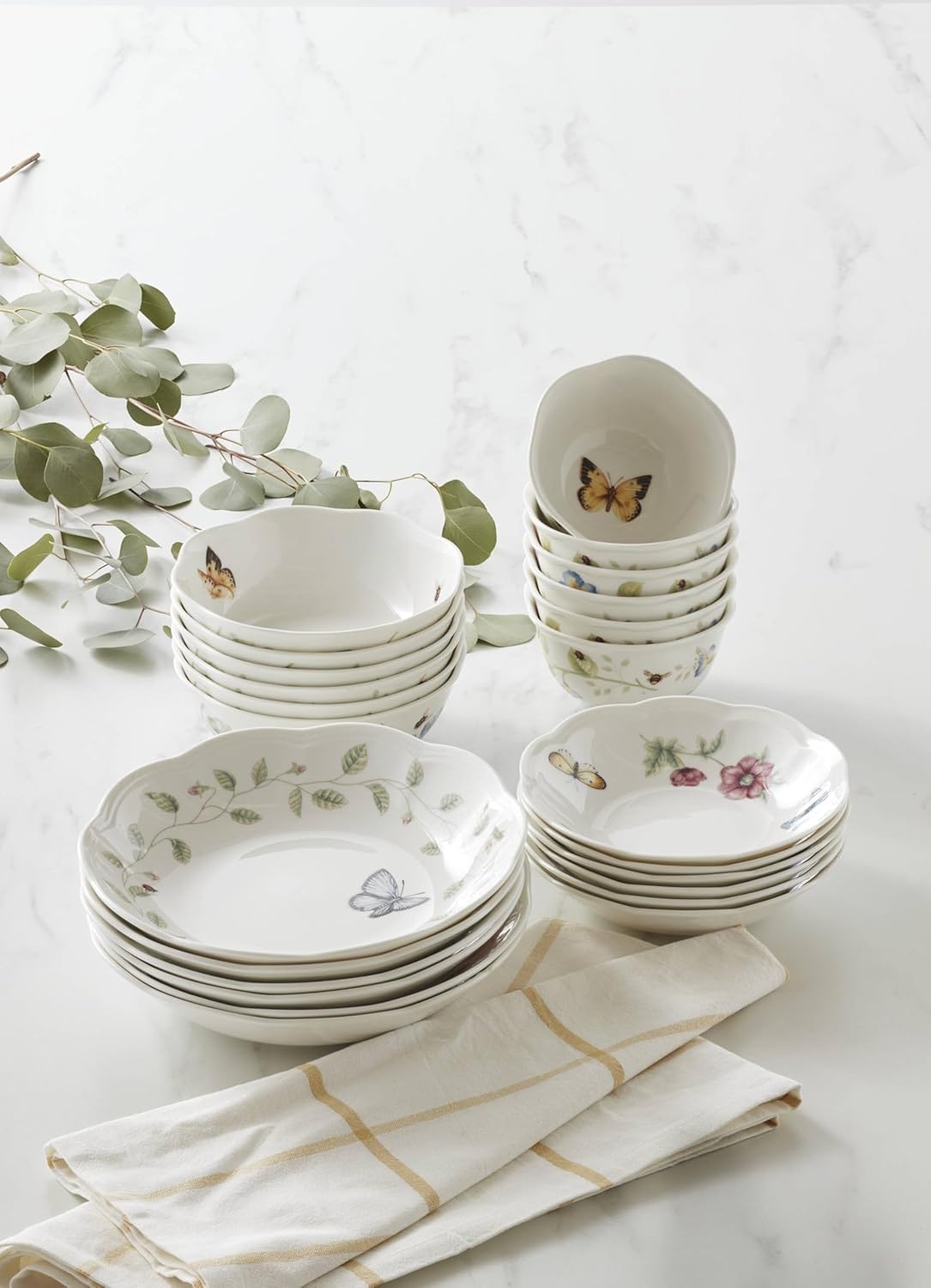 Lenox Dinnerware Set, Butterfly Meadow 24-Piece Bowls Set, Service For 6, Elegant Porcelain Dinnerware, Microwave And Dishwasher Safe, Dish Set, Plates & Dishes, Ramen Bowl (Assorted, 24 Piece)