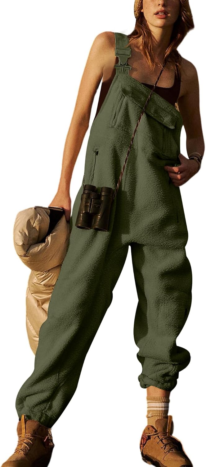 utcoco Womens Fuzzy Fleece Overall Jumpsuits Casual Loose Fit Winter Sherpa Bib Overalls with Pockets