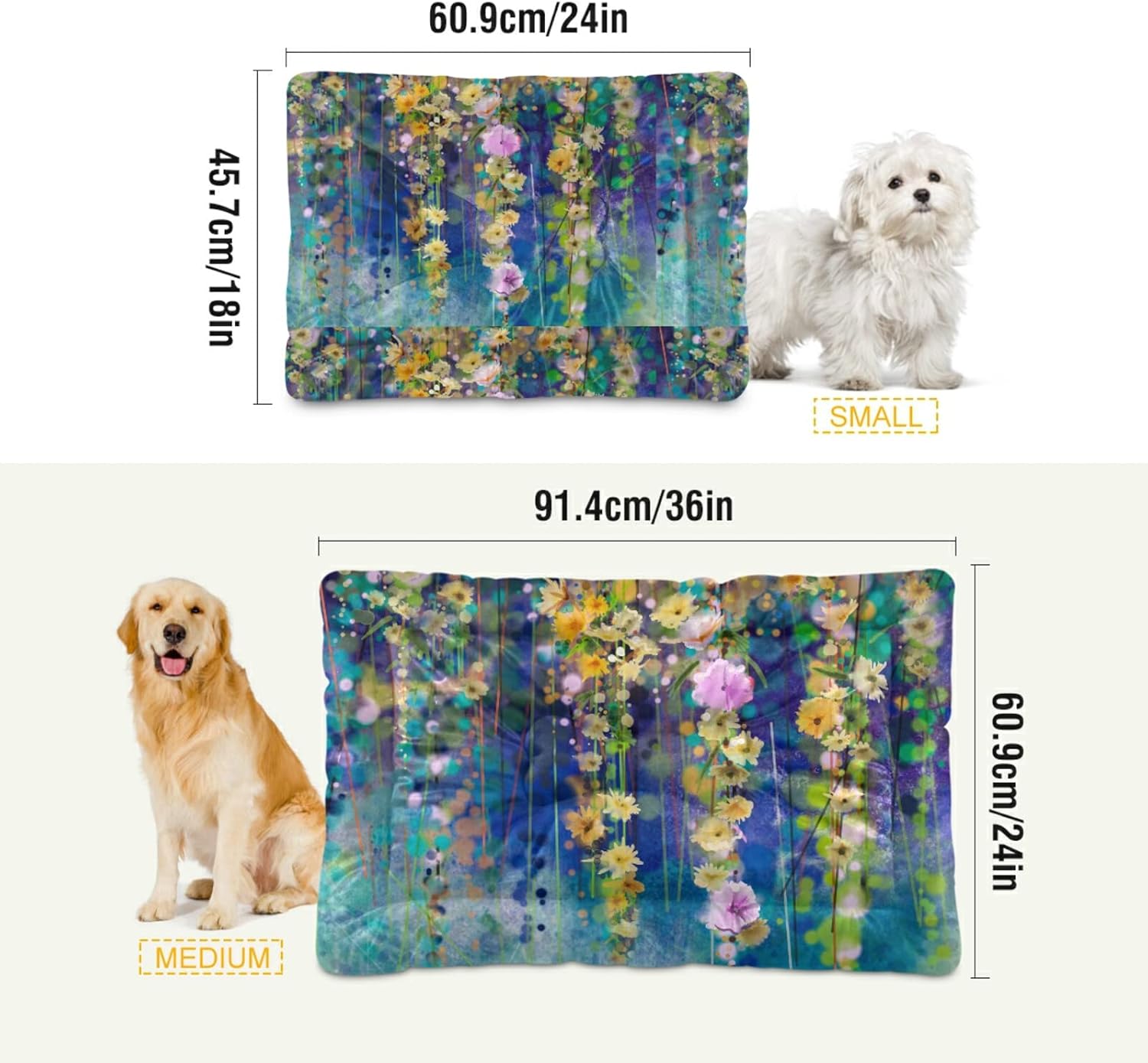 review Abstract Floral Watercolor White, Yellow Red Ivy Flowers on Blue Dog Cat Bed Mat, Soft Crate Pad Mattress Cushion for Small Medium Pets, Anti Slip Sleeping Kennel Mat Washable & Dry 24x18 inch