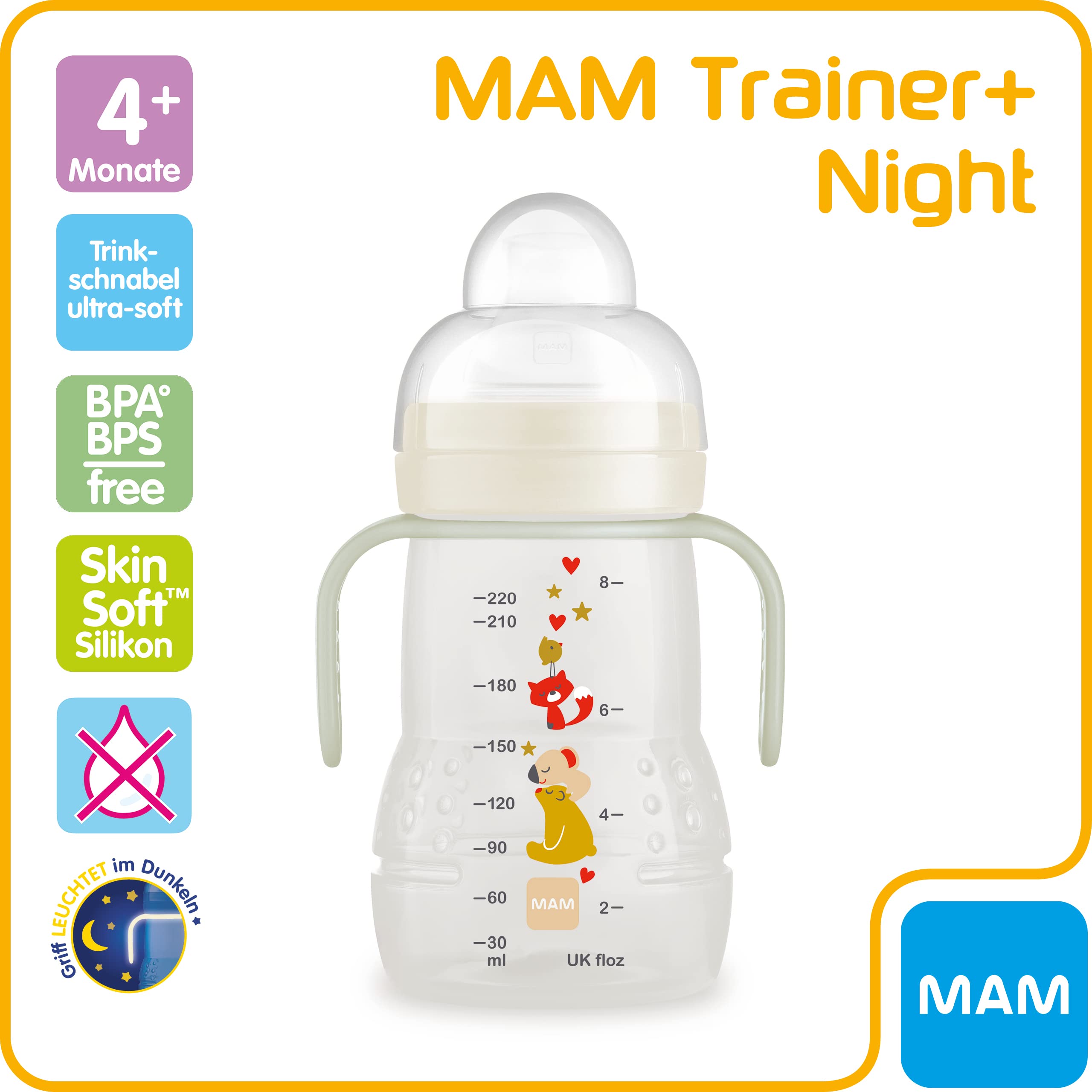 MAM Trainer+ Gourde d'apprentissage de nuit (220 ml) avec poignée lumineuse pour la transition vers la tasse, tasse à boire avec tétine et bec verseur anti-goutte, 4 mois et plus, koala