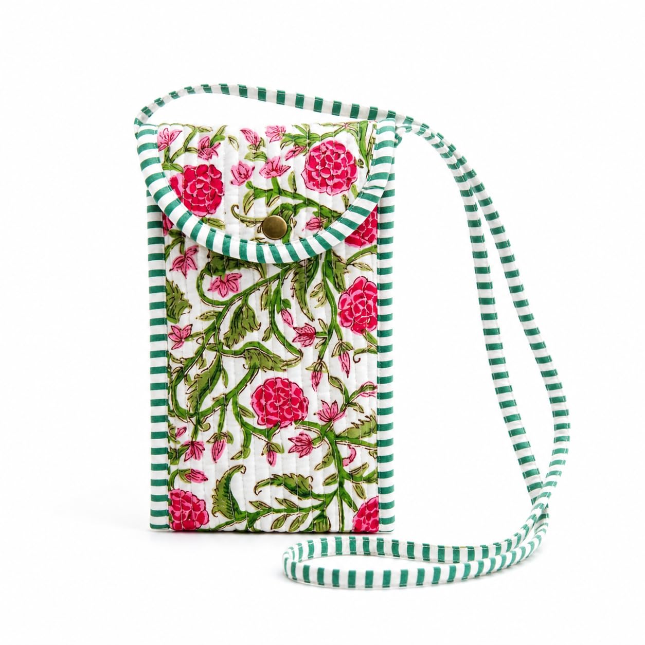 Quilted Floral Crossbody Mobile Pouch for Women | Handcrafted Sling Phone Bag with Snap Button & Back Zipper Pocket | Card Holder, Coin & Jewellery Organizer | Compact Travel Pouch-image-6