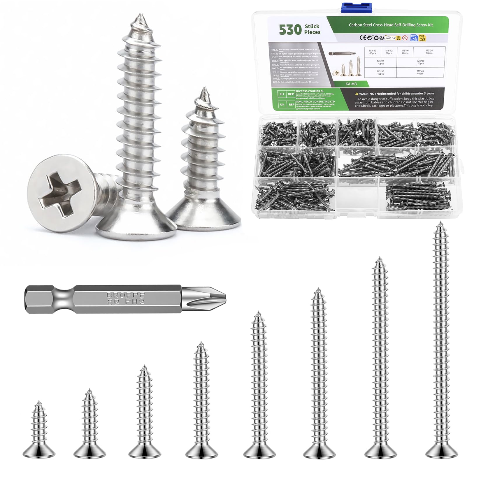 530 Pcs M3 Self Tapping Screws for Wood Screws Assortment, Small Assorted Cross Flat Head Screw Set Mixed for Door Handles Kitchen Cabinet Wood Fastening(Silver)