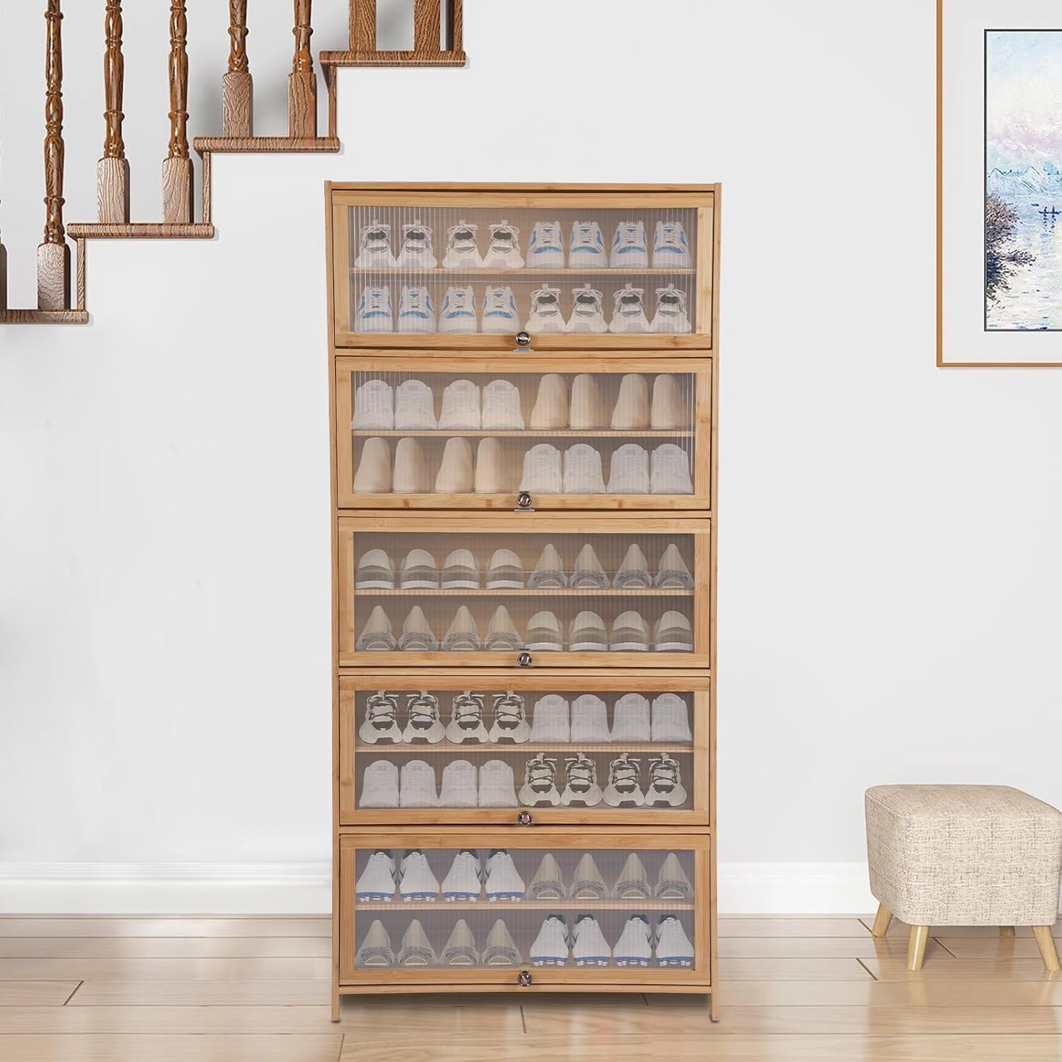 Shoe Storage Cabinet for Entryway, 10 Tier Bamboo Shoe Cabinet Large Capacity Shoe Organizer with Flip Doors, Free Standing Shoe Racks Organizer for Hallway Office Living Room (Brown)