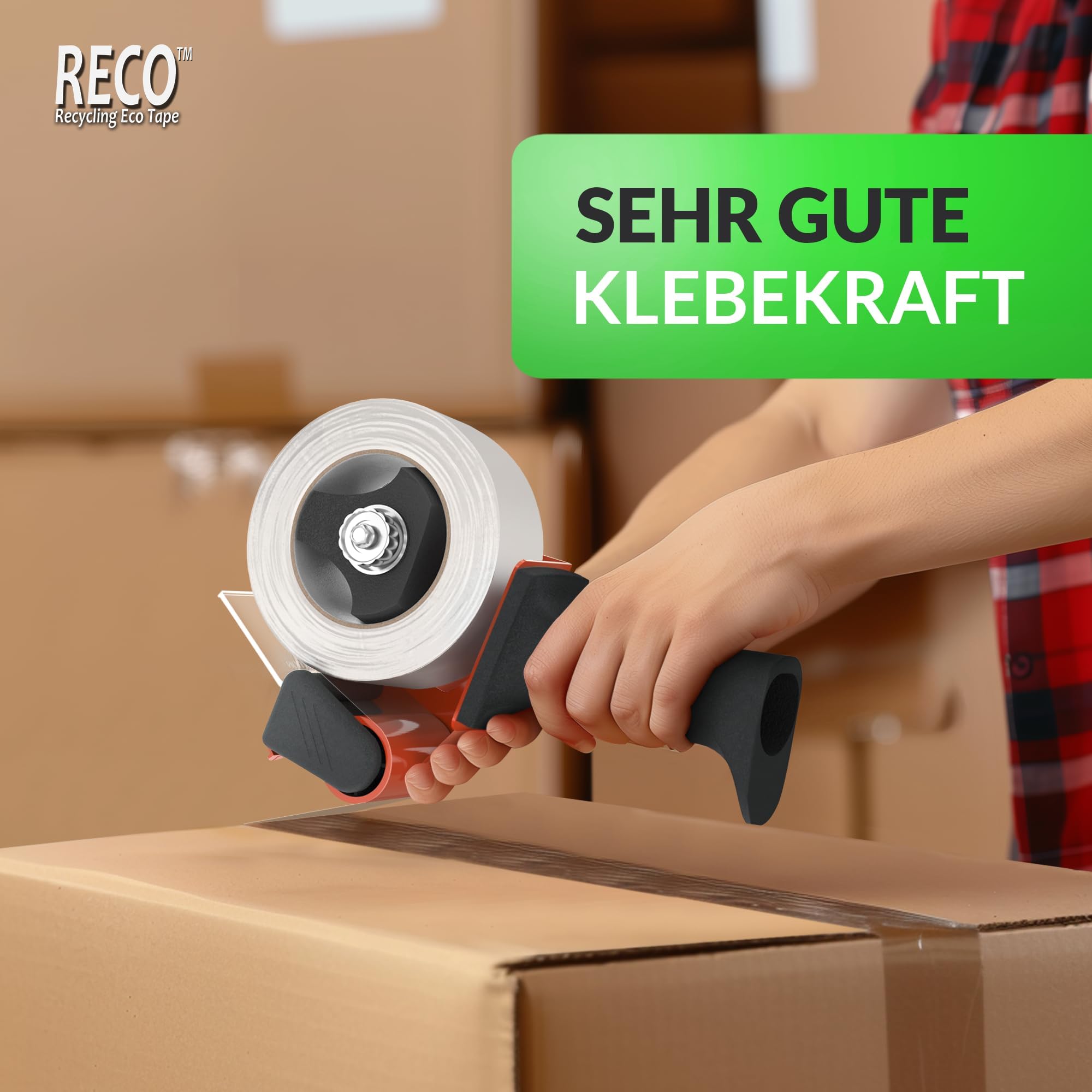 RECO Recycling Paketklebeband mit ECO Print - 36 Rollen x 75m Multipack Extralang - 50mm volle Breite | Transparentes Paketband | aus über 90% recyceltem Material, Universal Packband Klebeband