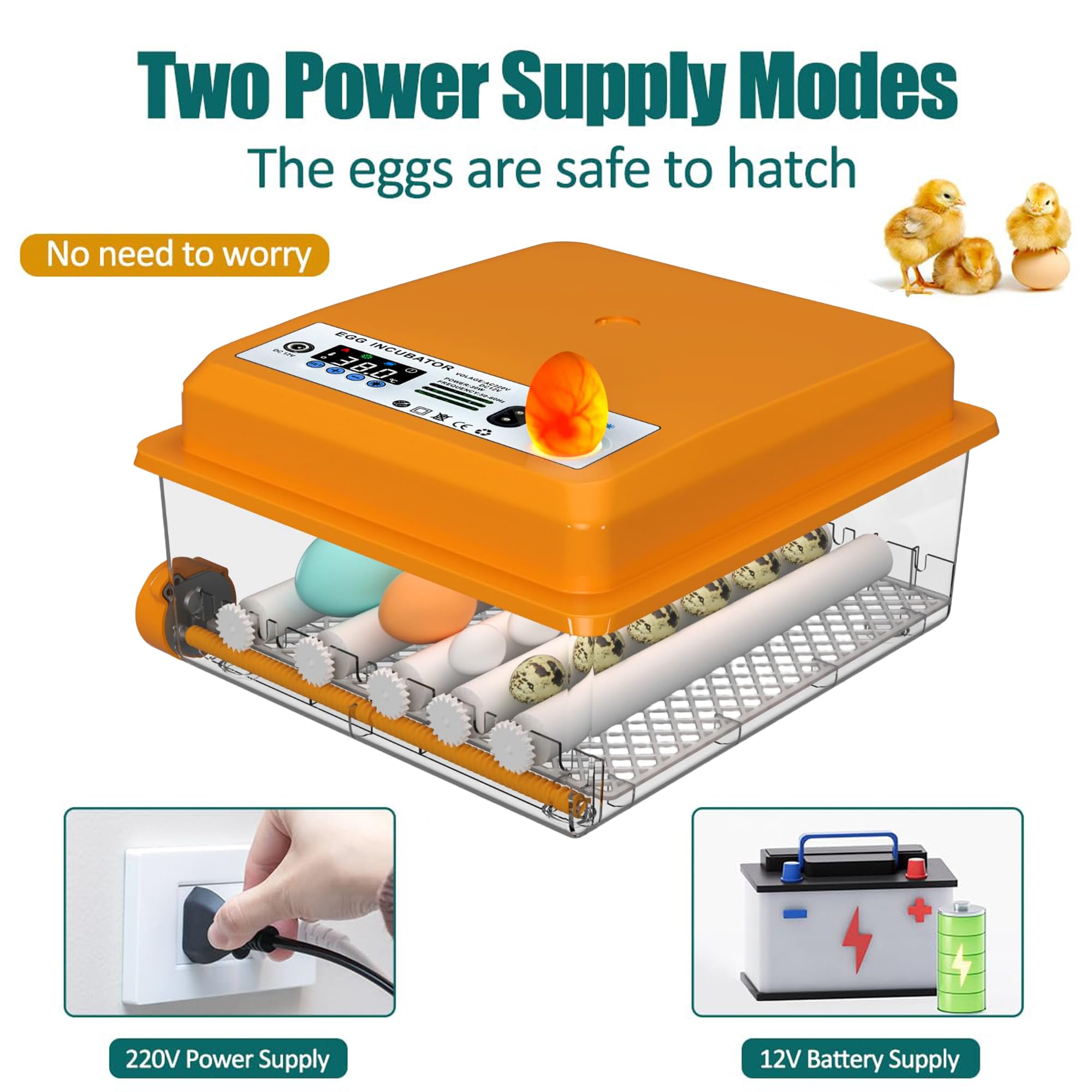 Incubadora de Huevos Automática 12-16 Huevos, Couveuse con Control de Temperatura, Rodillos Ajustables, Llenado de Agua Automático y Ovoscopio Integrado, Naranja