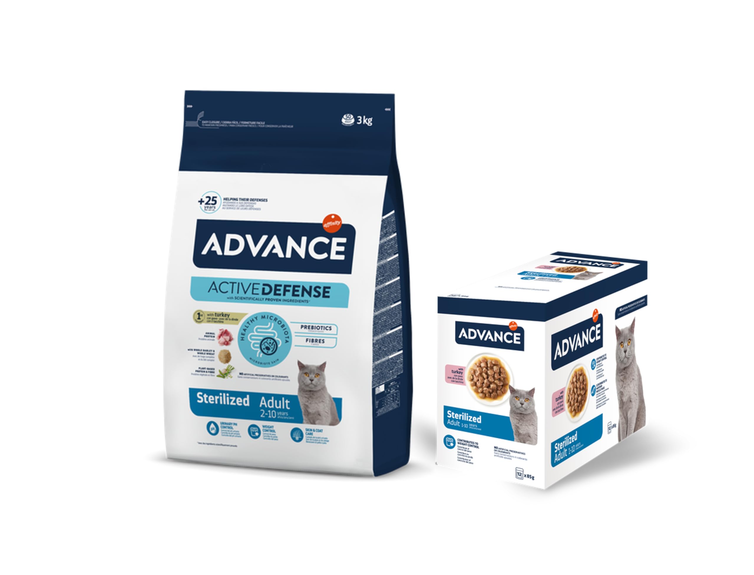 Advance Cat Adult Sterilized, Pienso para Gatos Adultos Esterilizados con Pavo, 3kg + Advance Comida Húmeda para Gatos Adultos Esterilizados con Pavo, Multipack 12 x 85 g, Total 1.02 kg