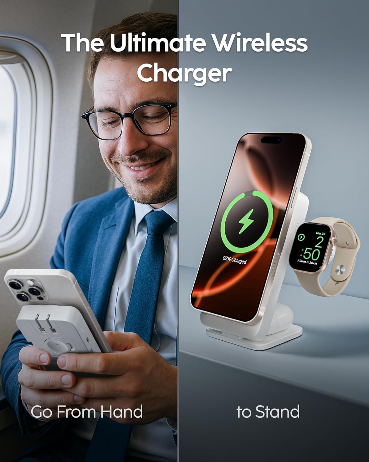 myCharge EcoHub 3-in-1 Magnetic Wireless Charger & Battery Pack for iPhone, iWatch, AirPods - 6,000mAh Battery | Built-in Wall Plug | 15W Magsafe Wireless Output | Foldable | Charging Station | Grey