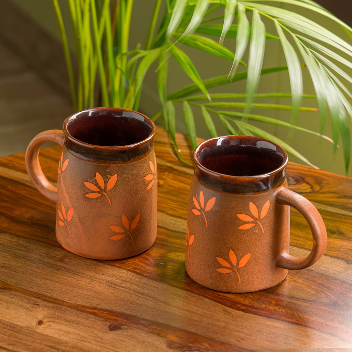 ExclusiveLane 'Leaf Sips' Handpainted and Handglazed Ceramic Tea Cups and Ceramic Coffee Mugs Set of 2 (400 ML, Microwave & Dishwasher Safe) - Tea Mugs Ceramic Mugs Milk Mug Coffee Cup Drinkware