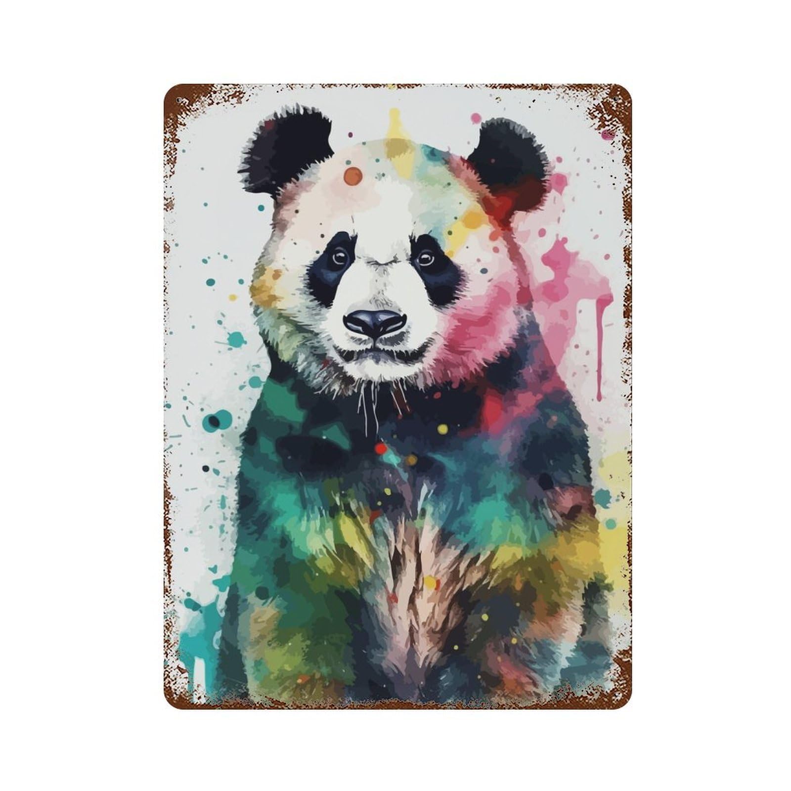 Panda Bear Watercolor Aged Metal Wall Plaque 15.7"x11.8", Industrial Home Decor for Pub, Kitchen And Man Cave Decor