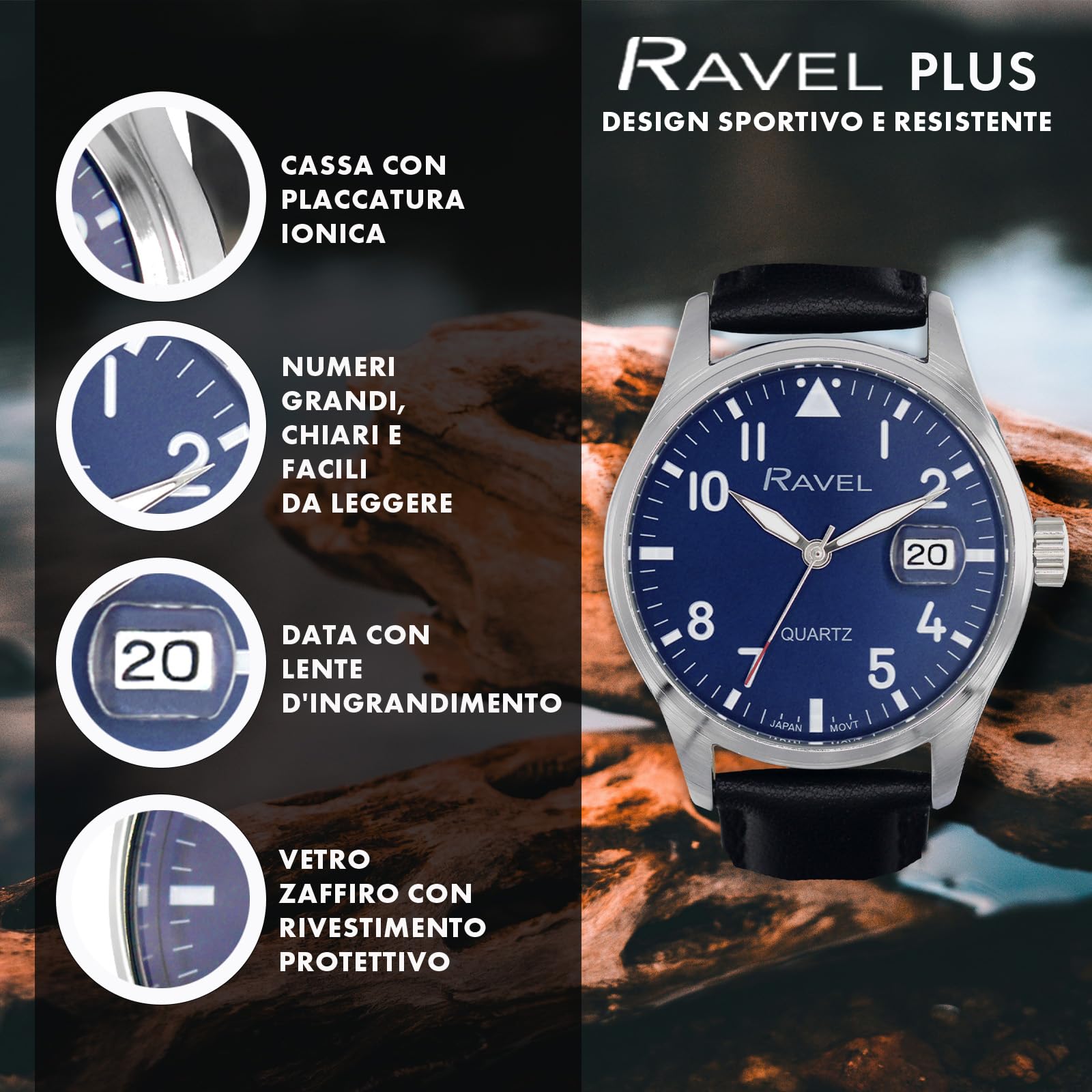 Ravel Plus - Orologio da Uomo Rotondo 40 mm con Calendario e Impermeabilità 3 ATM, Vetro Zaffiro e Quadrante Sunray - Analogico Quarzo - RPD-01-04