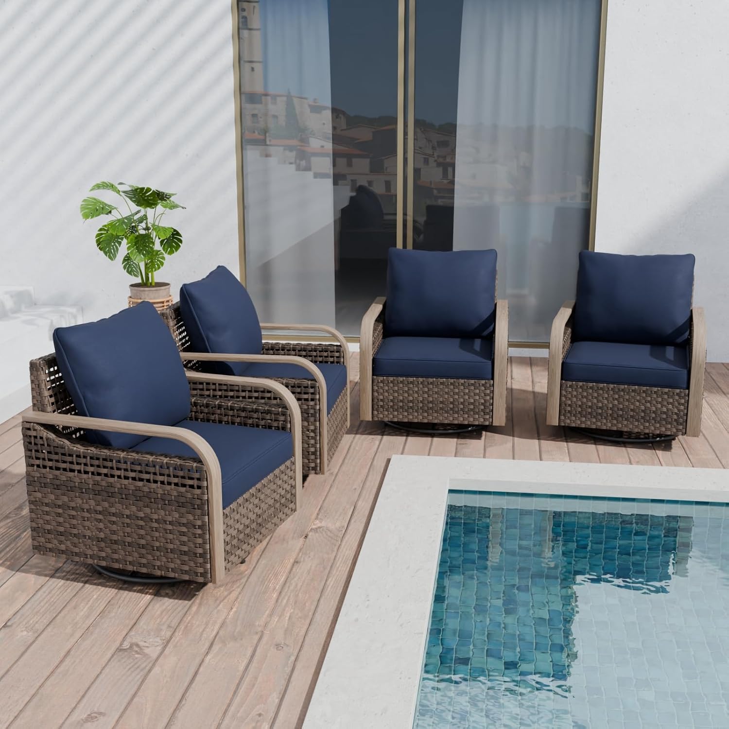 COOS BAY Modern Outdoor Swivel Rocker Chairs, Wicker Glider Rocking Chairs with Cushions, 360° Swivel Rattan Patio Seating, 4 Pieces, Brown/Blue