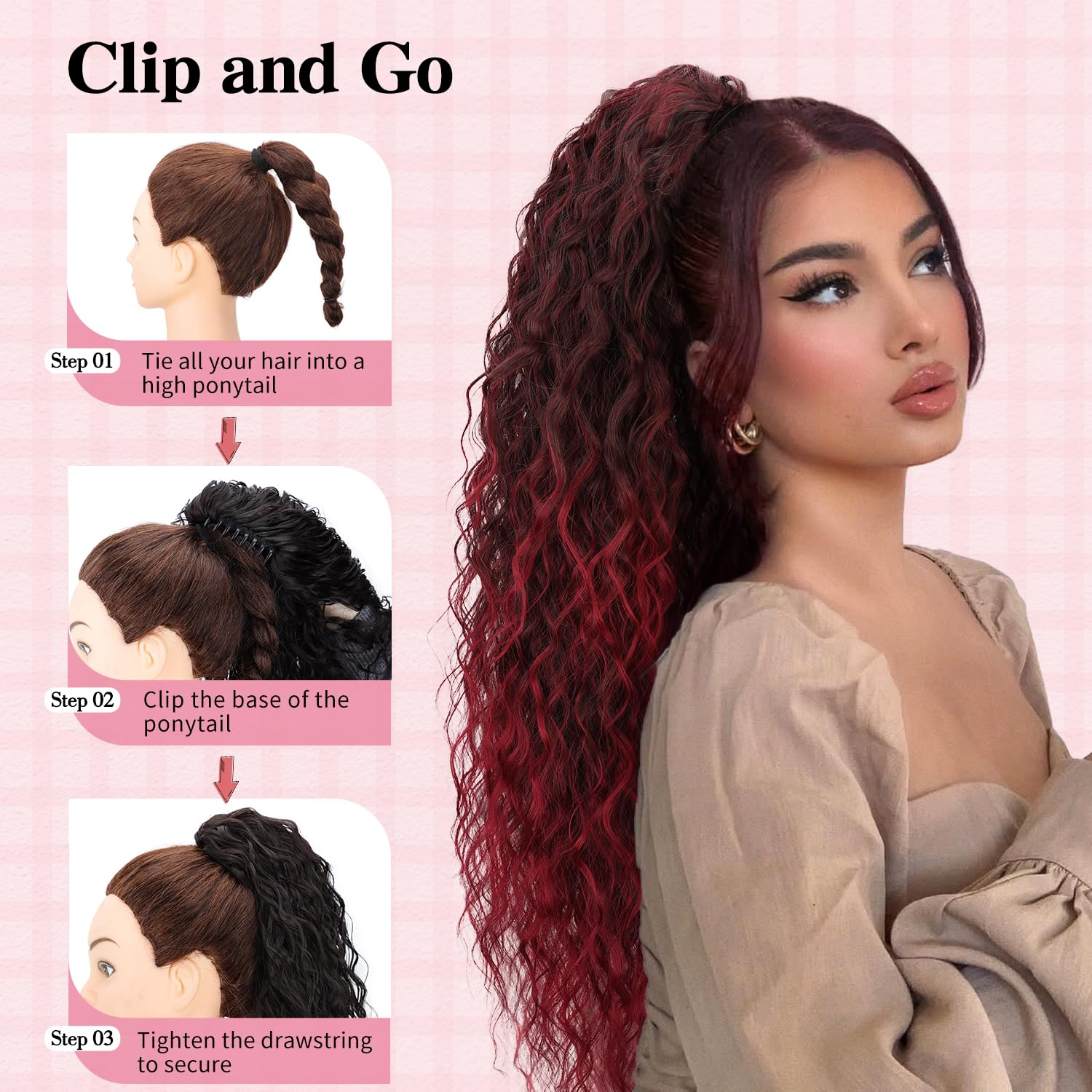 Ponytail Extension, Claw Clip Ponytail Extension for Women Long Ombre Burgundy Curly Clip in Pony Tails Hair Extensions 26 Inch Synthetic Layered Fluffy Clip in Hairpieces for Women