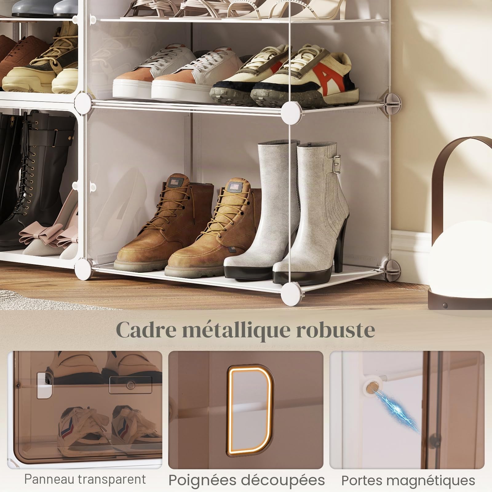 GIANTEX Boite Rangement Chaussures en Plastique à 10 Cubes, Crochets Latéral; Meuble Chaussure Empilable pour 40 Paires, Panneaux Amovibles, Portes Transparentes, pour Chambre, Entrée (10 Boîtes)