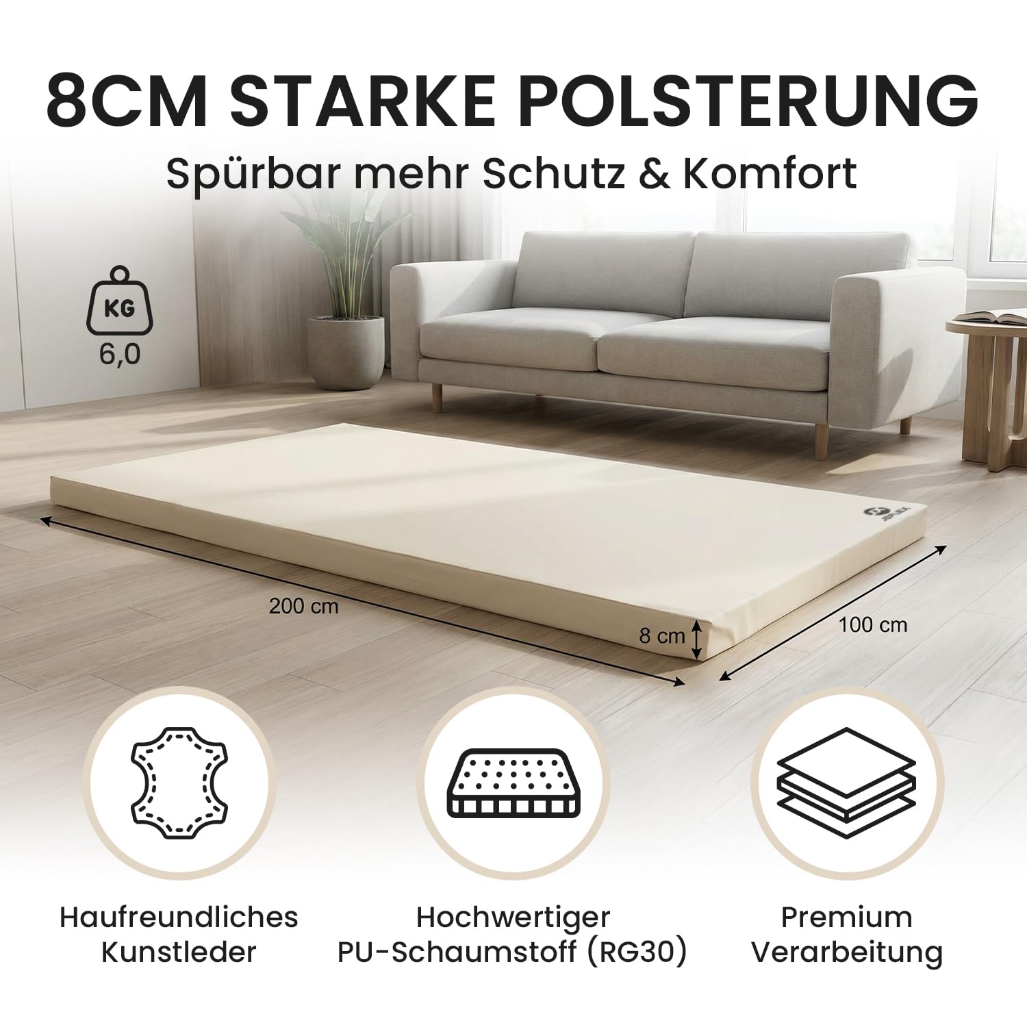 Jeflex - Sport-Fallschutzmatte, 200 x 100 x 8 cm, made in Germany/Gymnastikmatte/Platzsparende Fitness- und Yogamatte/Spielmatte