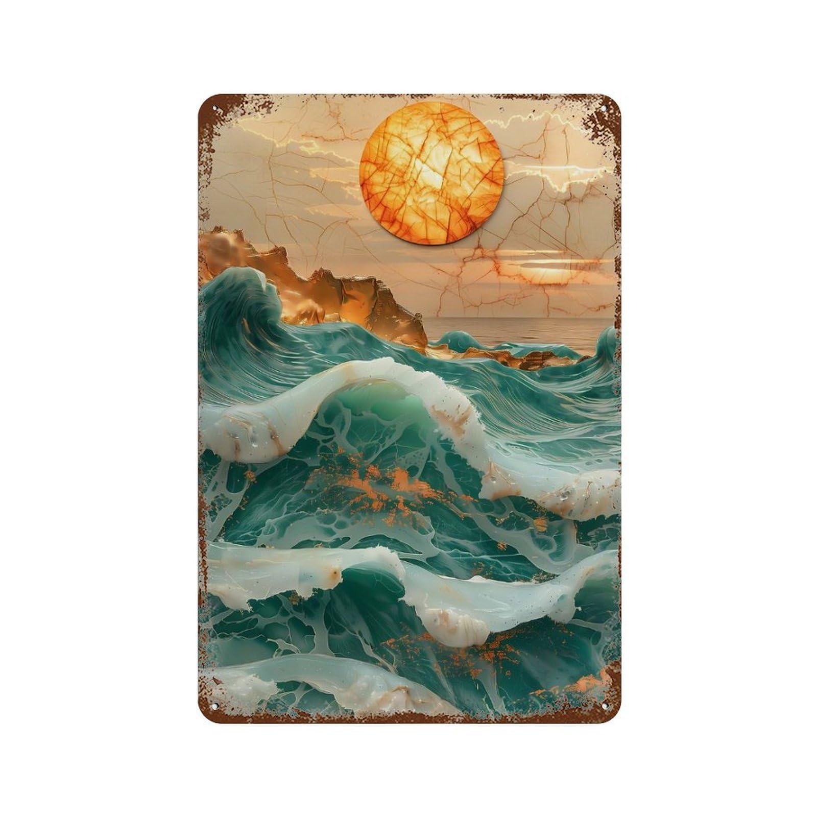 Distressed Metal Wall Sign with Amber Ocean Sunset Design 11.8"x7.9", for Cafe, Home Bar And Lounge Decor, Retro Wall Decor