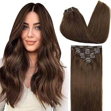 Fully 7 Pcs 50 Gram Remy Human Hair Extension for Women Silky Straight Human Hair Clip In Extension to Add Instant Volume (24 Inch, Medium Brown)