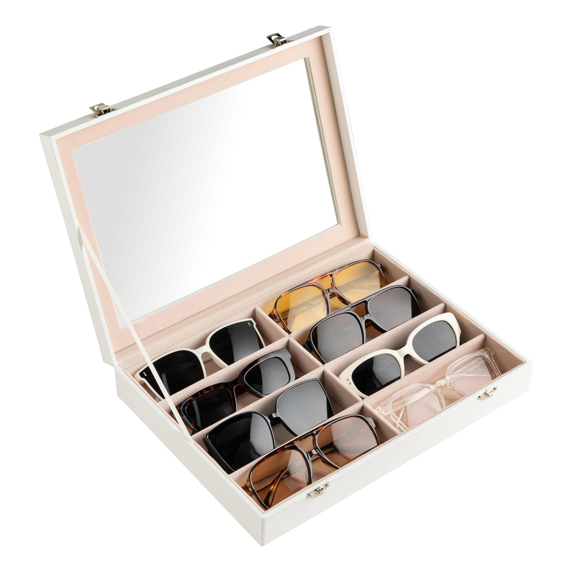 Frebeauty Sunglass Organizer PU Leather Glasses Organizer 8-Slot Sunglasses Tray with Clear Lid Mens Womens Sunglasses Box Sunglass