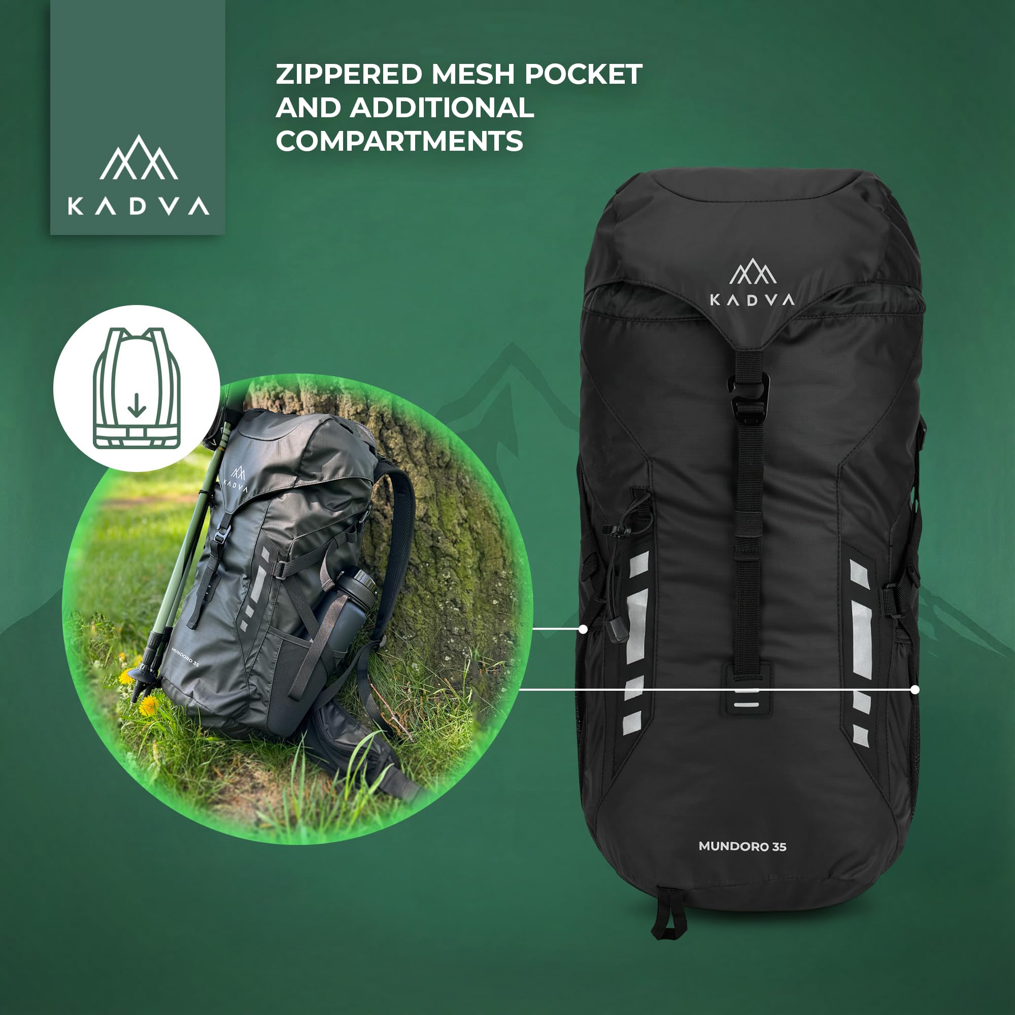 KADVA Mundoro plecak turystyczny 35 l, wentylacja pleców Windflow, pas piersiowy i biodrowy, boczne kieszenie z siatki, uchwyt na kijki trekkingowe, wodoodporny materiał