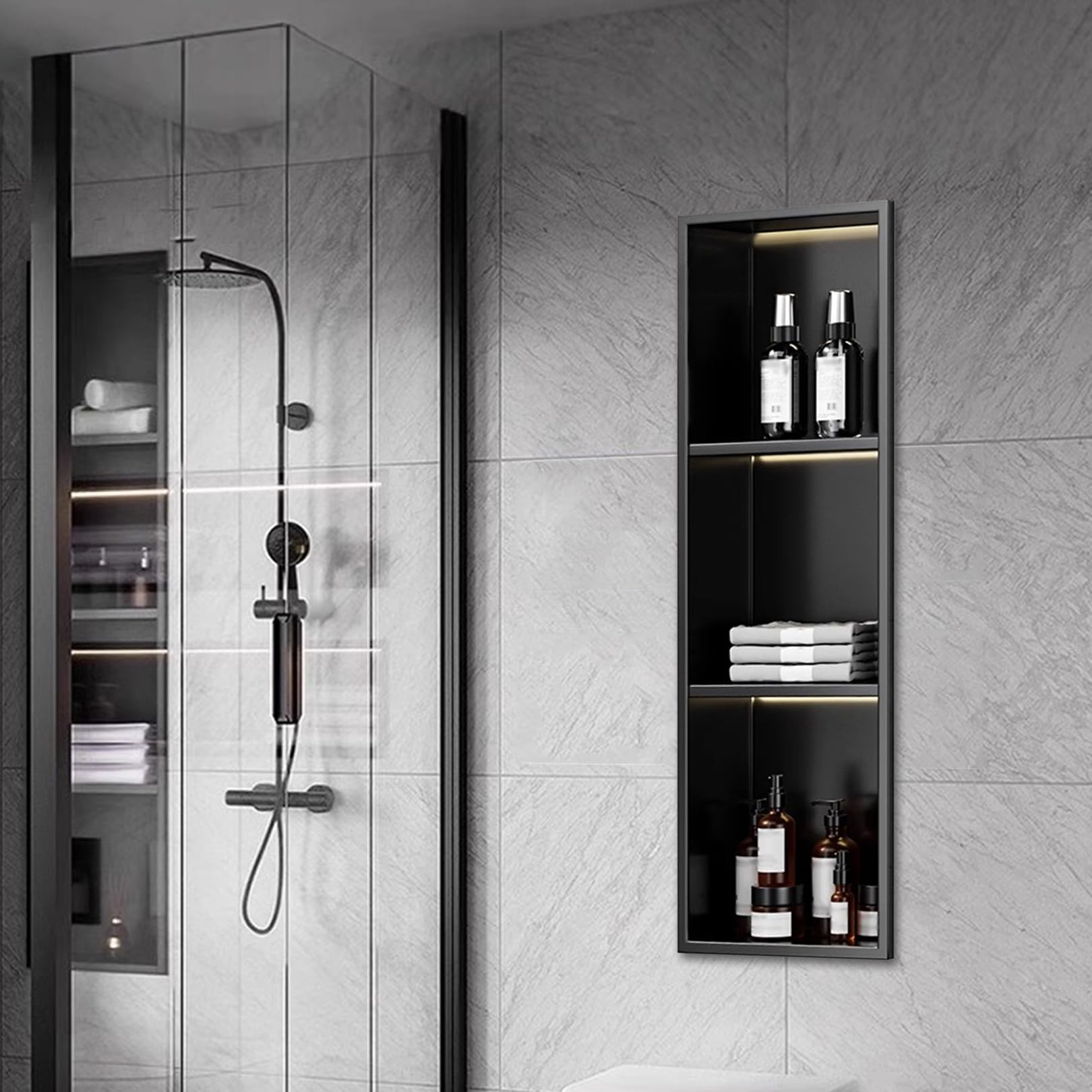 Niche de douche en acier inoxydable 304 encastrable avec éclairage LED intégré pour rangement mural